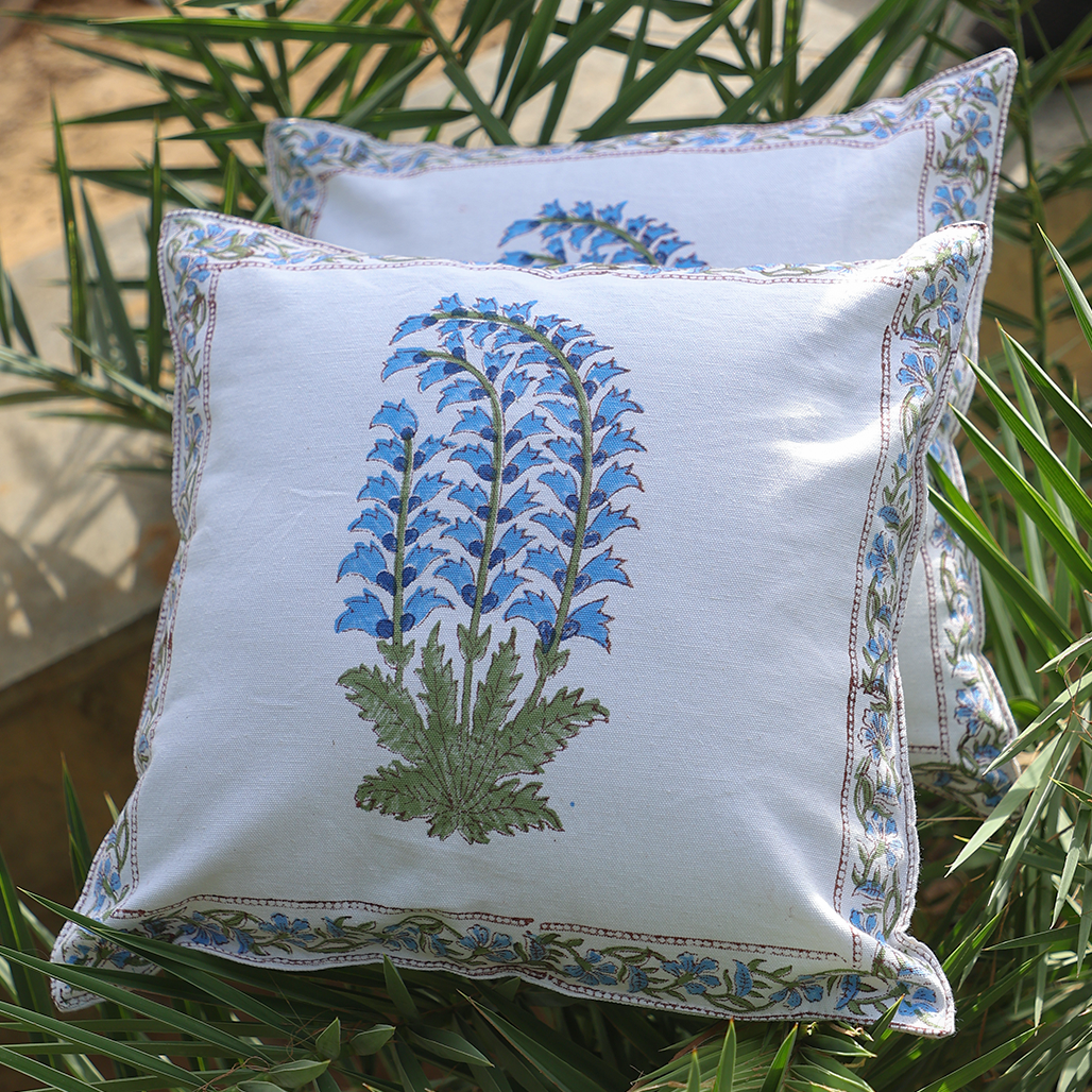 Fine Cotton Cushion Cover White Azure Blue Floral Print