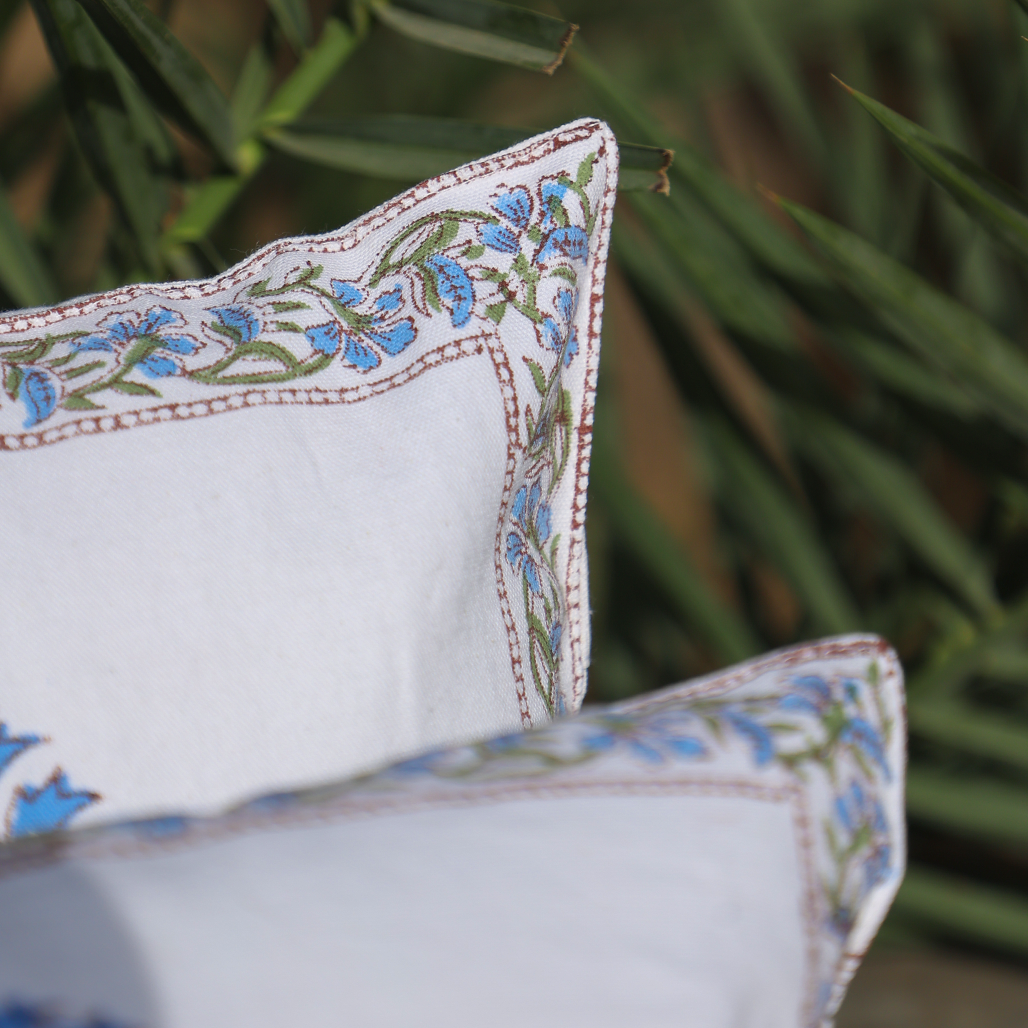 Fine Cotton Cushion Cover White Azure Blue Floral Print