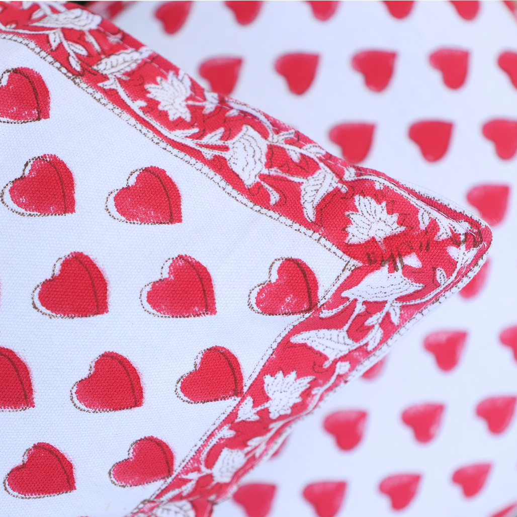Fine Cotton Cushion Cover White Red Heart Floral Print