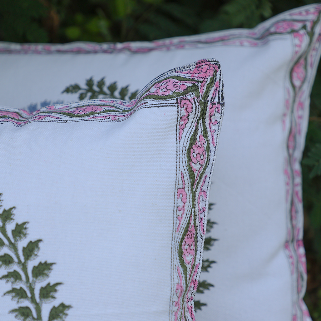 Fine Cotton Cushion Cover White Pink Green Boota Floral Print