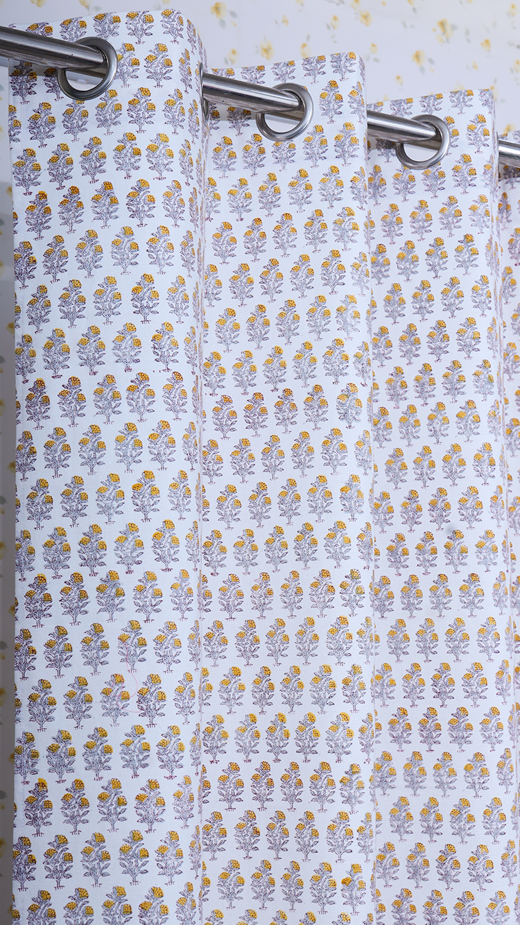 Drill Cotton Curtain Yellow Floral Block Print