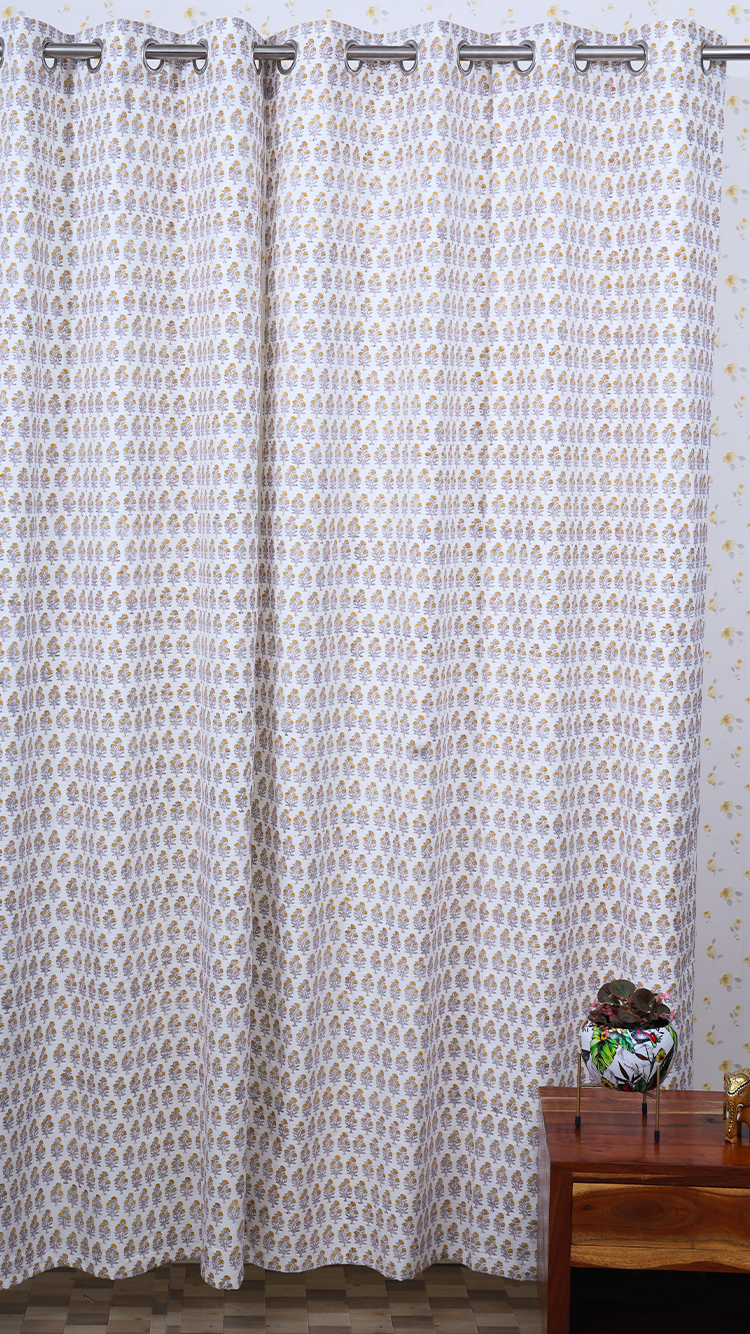 Drill Cotton Curtain Yellow Floral Block Print