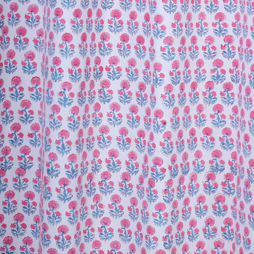 Drill Cotton Curtain White Pink Floral Block Print