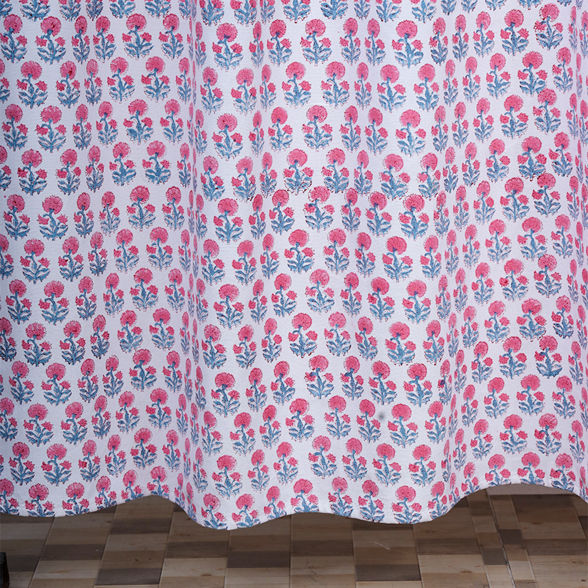 Drill Cotton Curtain White Pink Floral Block Print