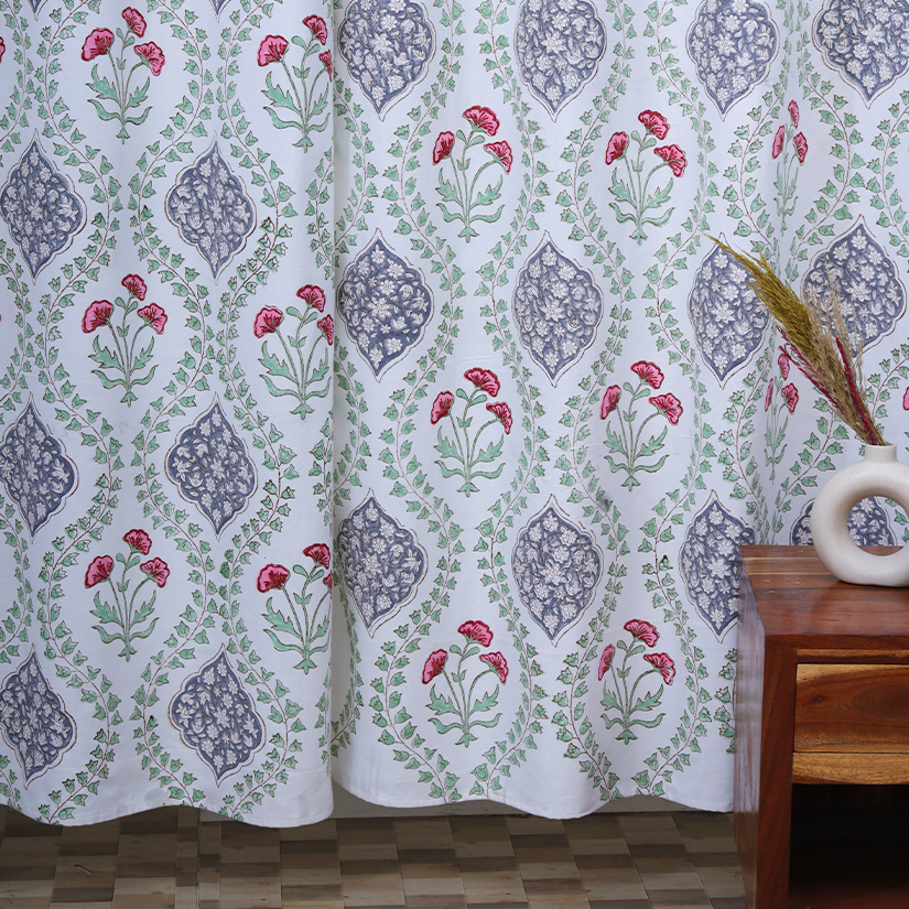 Drill Cotton Curtain Blue-Green Floral Block Print
