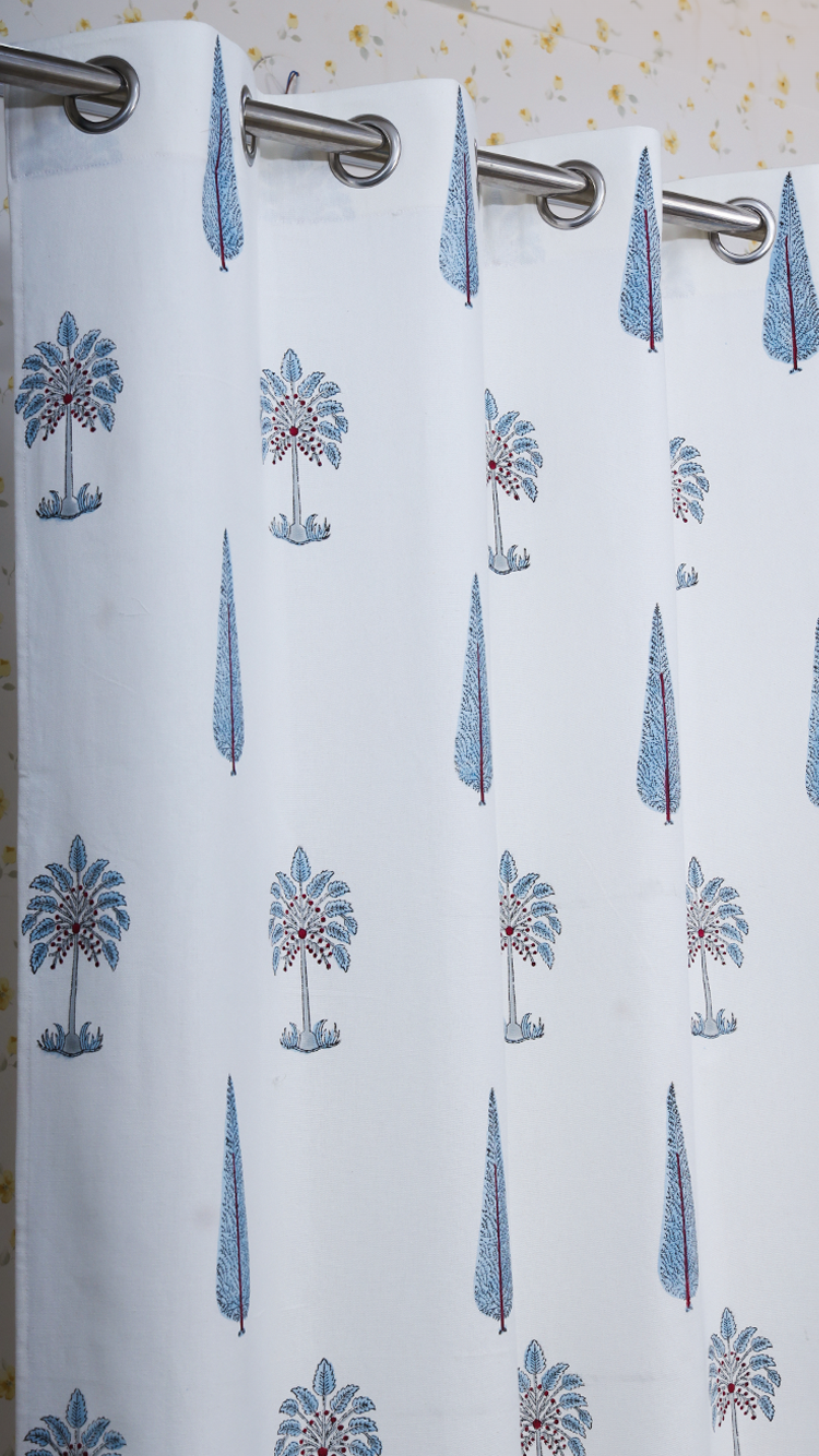 Drill Cotton Curtain Blue Fern Leaf Boota Block Print