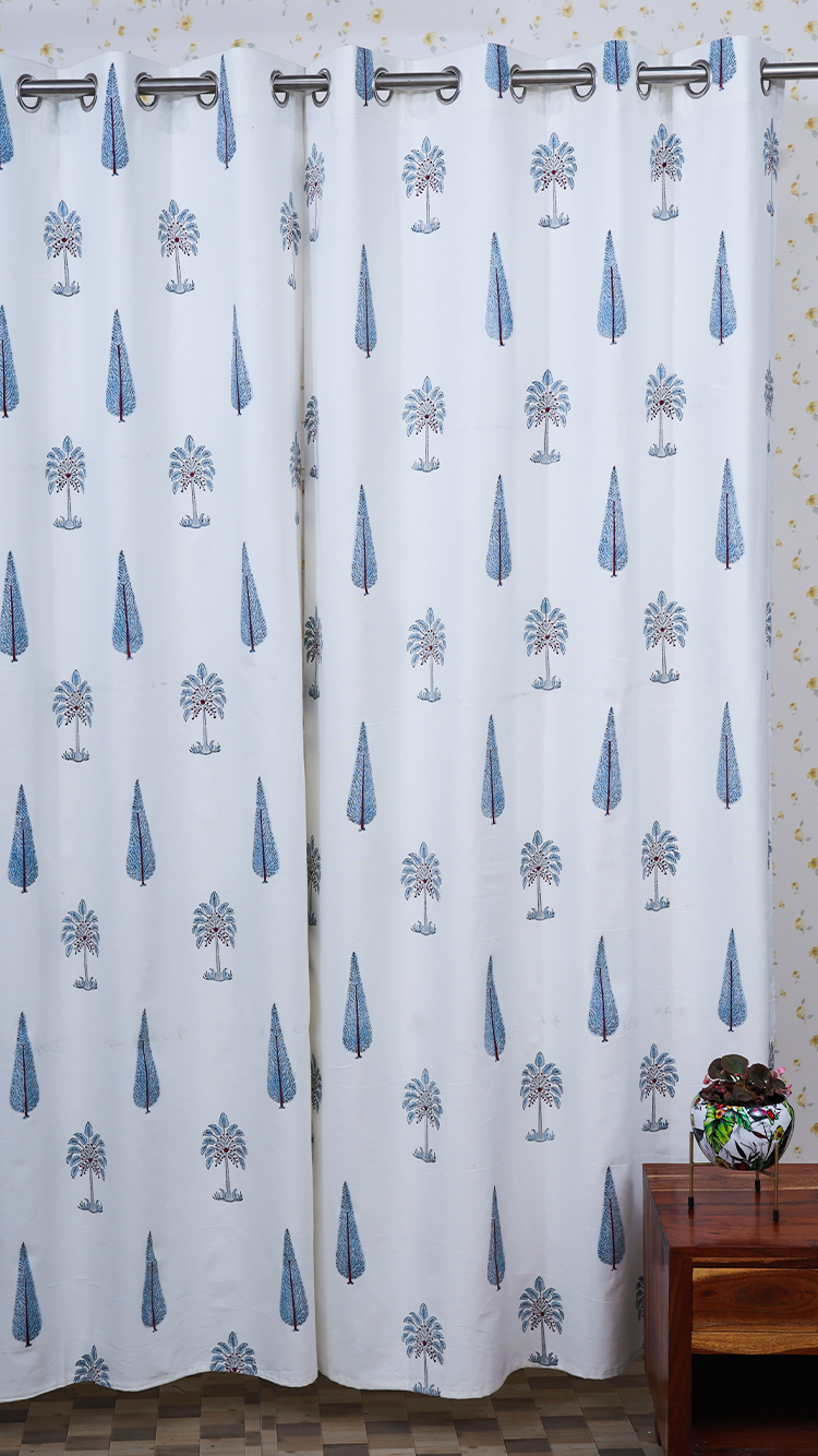 Drill Cotton Curtain Blue Fern Leaf Boota Block Print