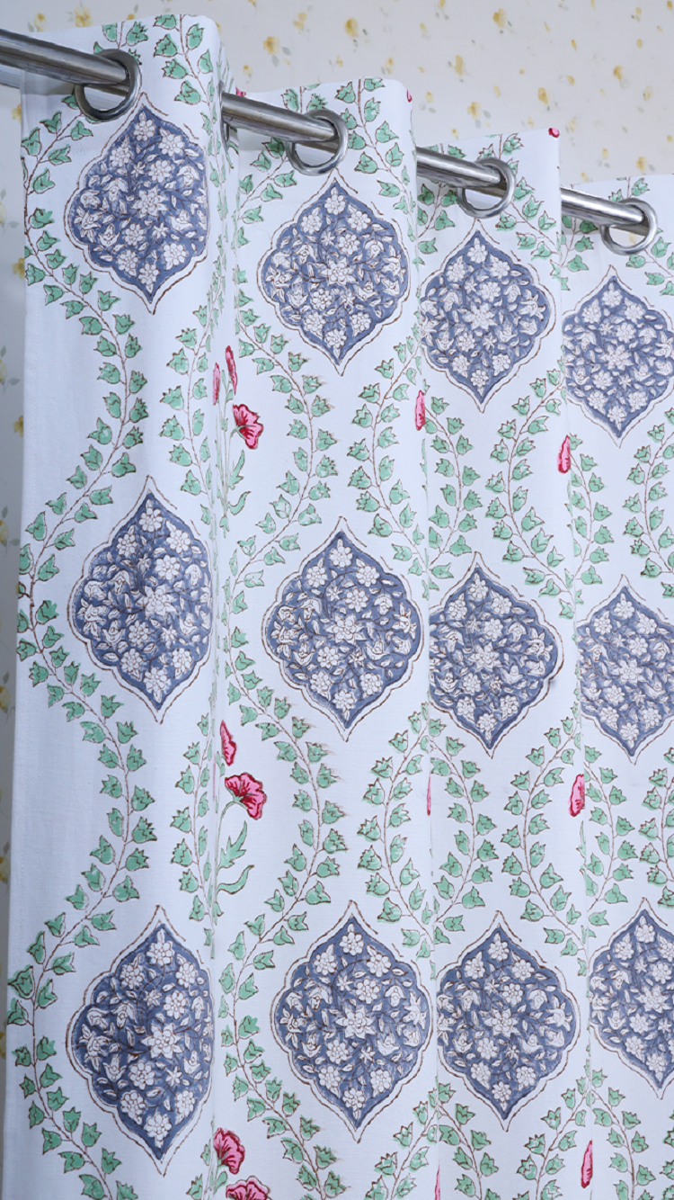 Drill Cotton Curtain Blue-Green Floral Block Print