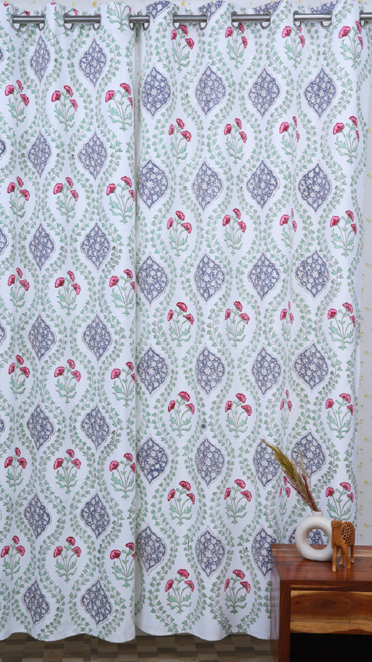 Drill Cotton Curtain Blue-Green Floral Block Print
