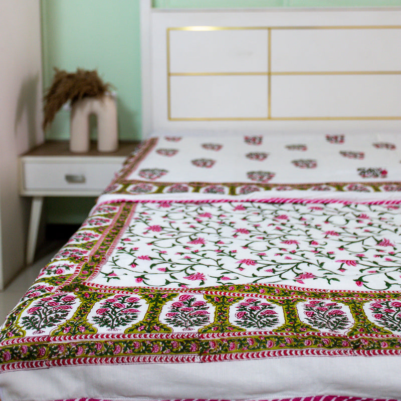 Cotton Mulmul Double Bed Dohar AC Quilt Pink Green Floral Jaal Block Print 3