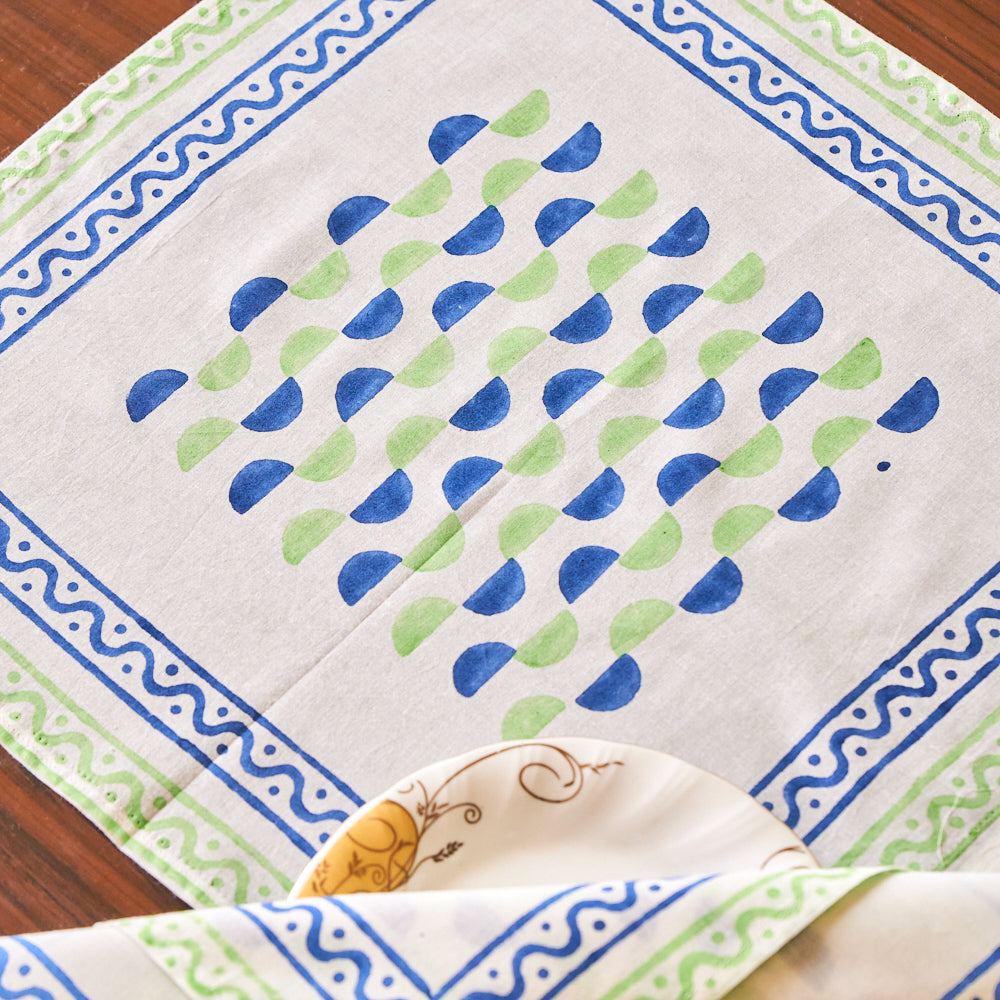 Cotton Mulmul Napkin Set Blue Green Leher Block Print