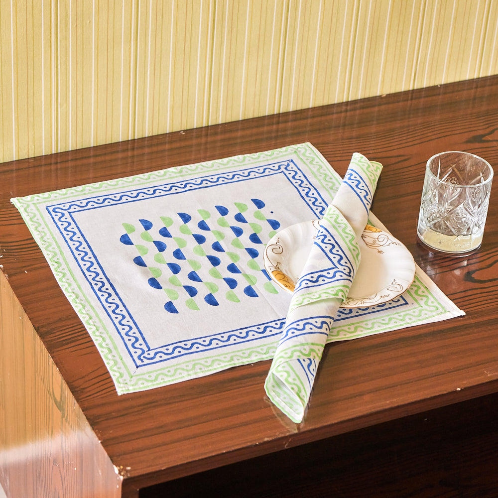 Cotton Mulmul Napkin Set Blue Green Leher Block Print