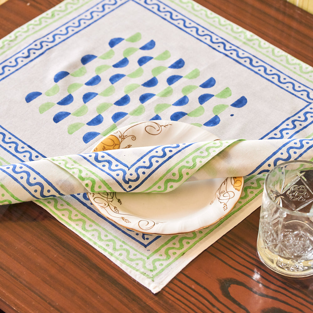 Cotton Mulmul Napkin Set Blue Green Leher Block Print