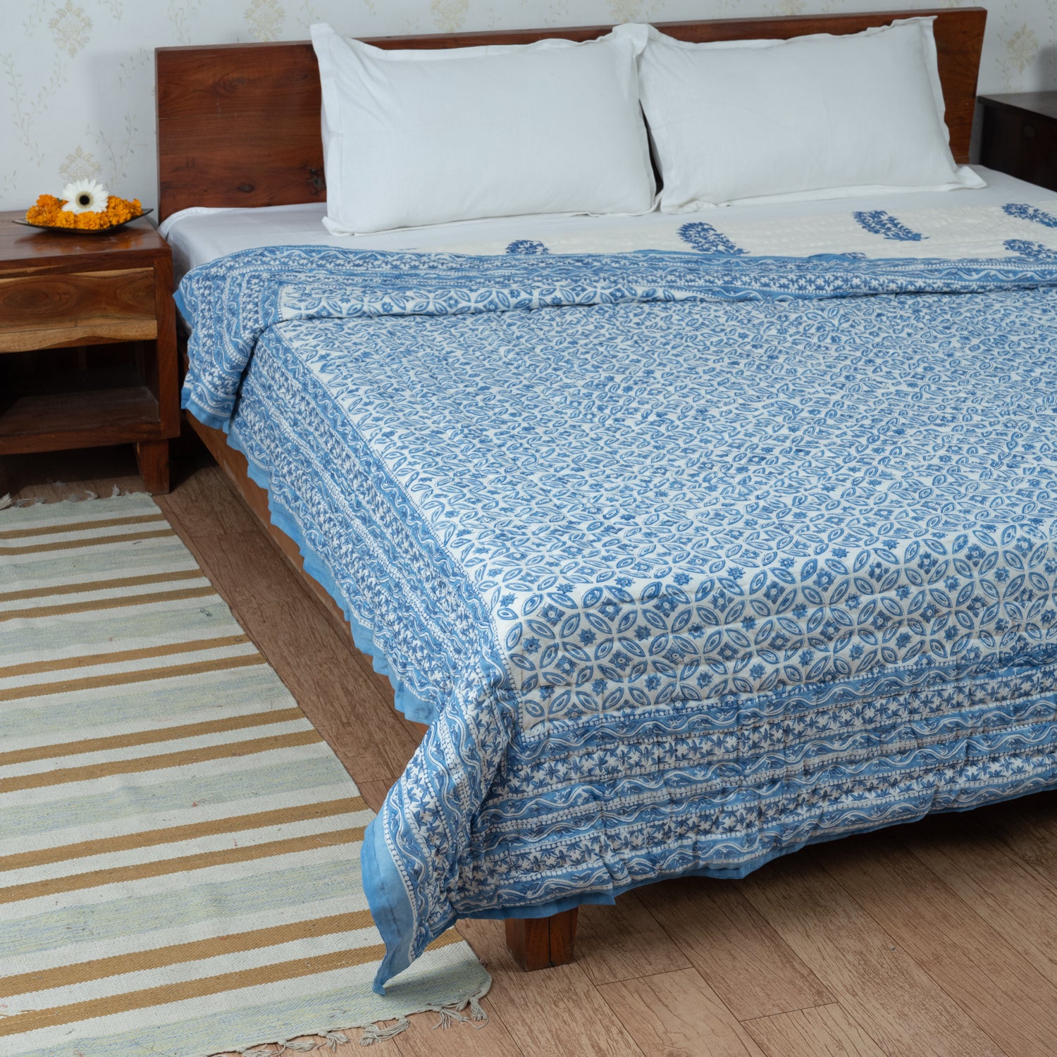 Cotton Mulmul Double Bed Razai Blue Chakri Block Print