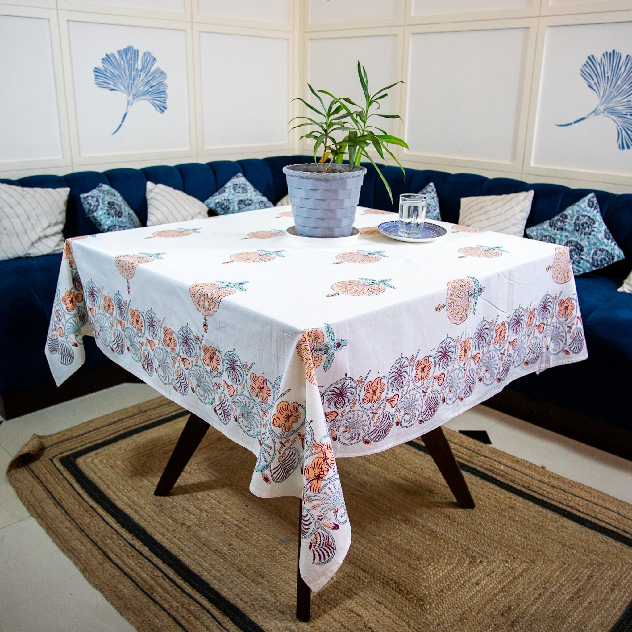 Cotton Table Cover Peach Green Morpankh Block Print