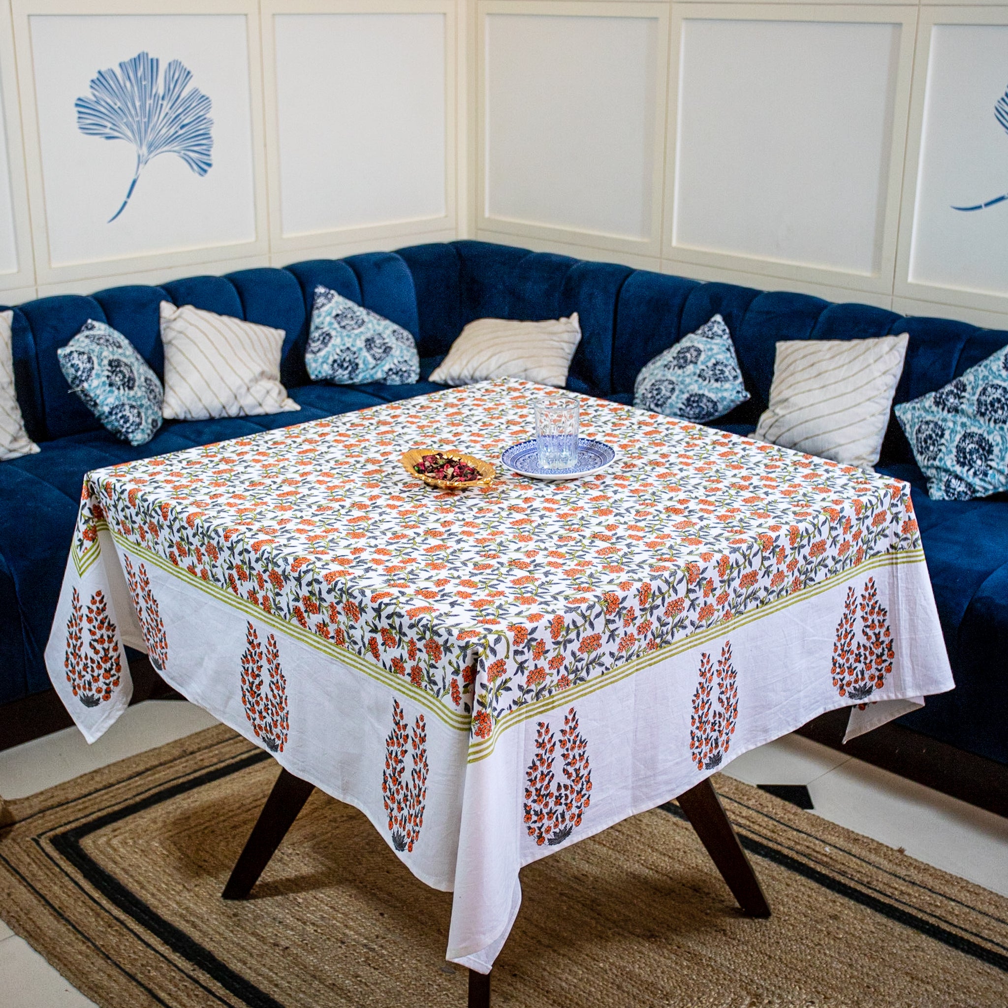Cotton Table Cover Orange Grey Floral Jaal Block Print
