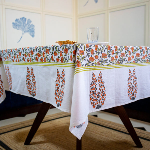 Cotton Table Cover Orange Grey Floral Jaal Block Print 1