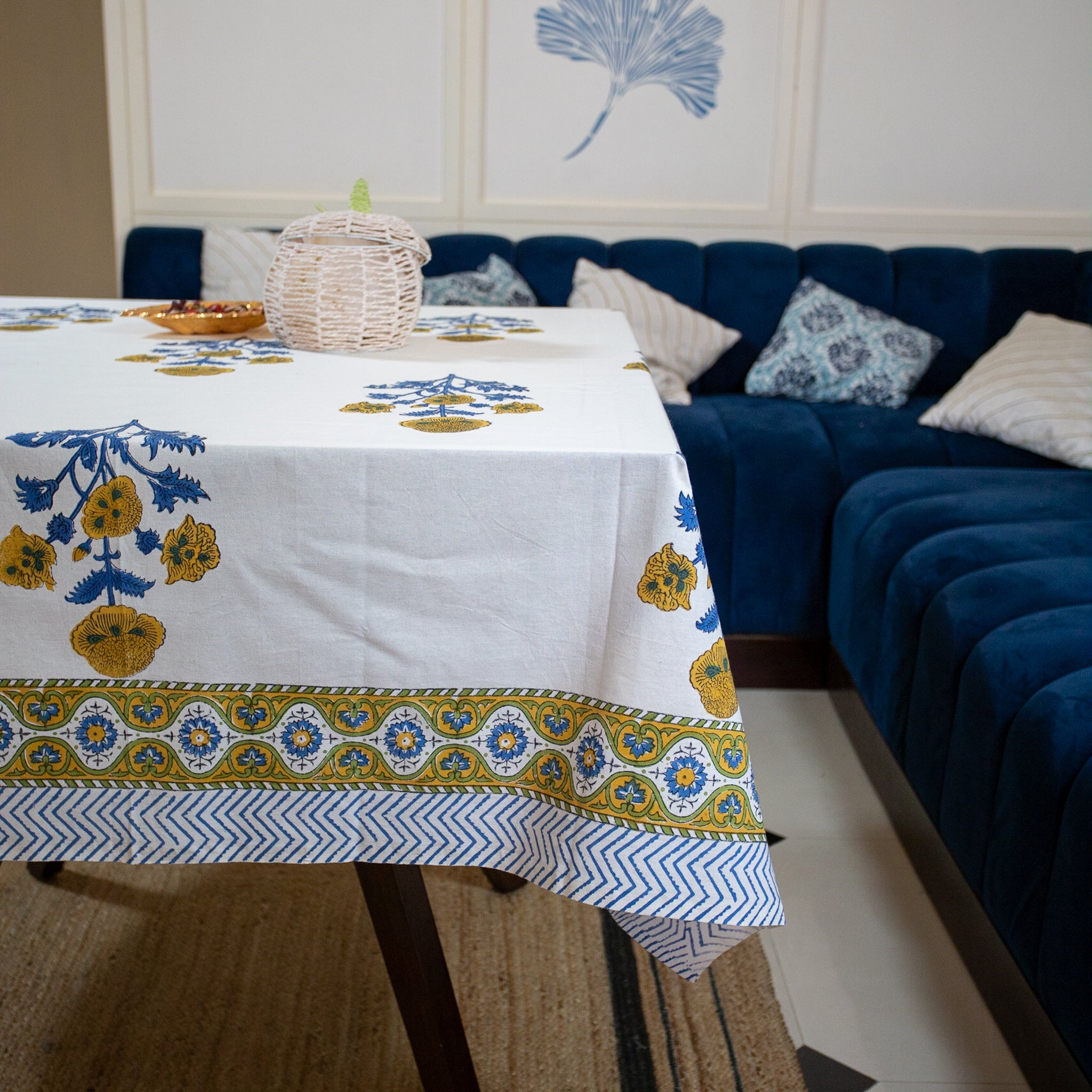 Cotton Table Cover Orange Blue Floral Boota Block Print 1