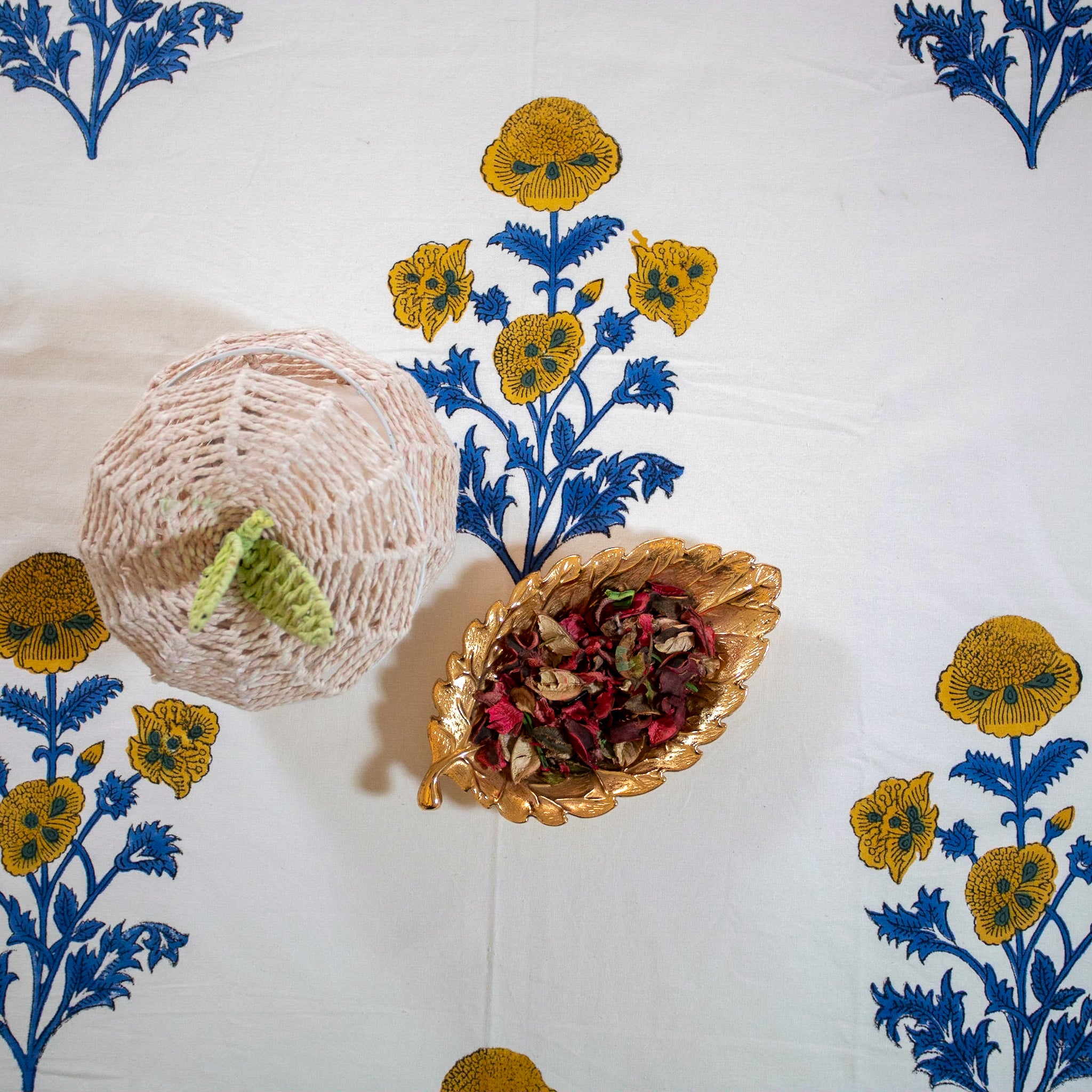 Cotton Table Cover Orange Blue Floral Boota Block Print 2