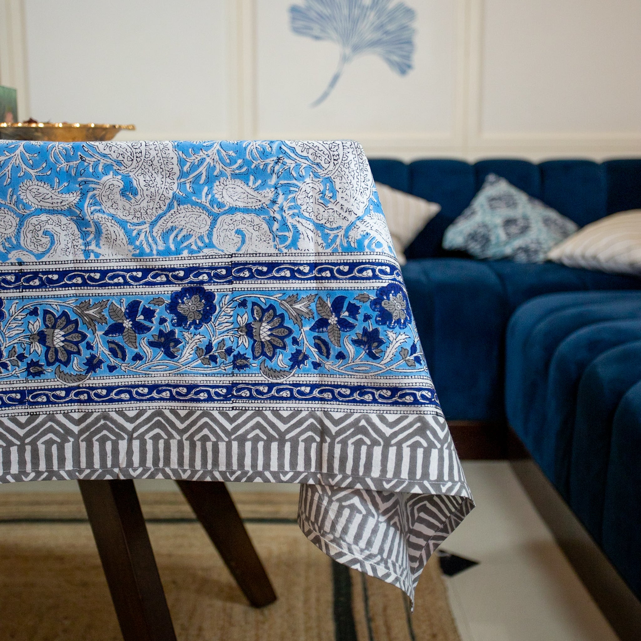 Cotton Table Cover Blue White Paisley Block Print 1
