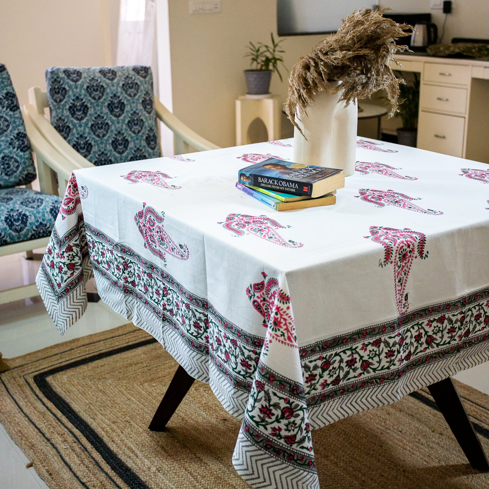 Cotton Table Cover Pink Green Paisley Boota Block Print