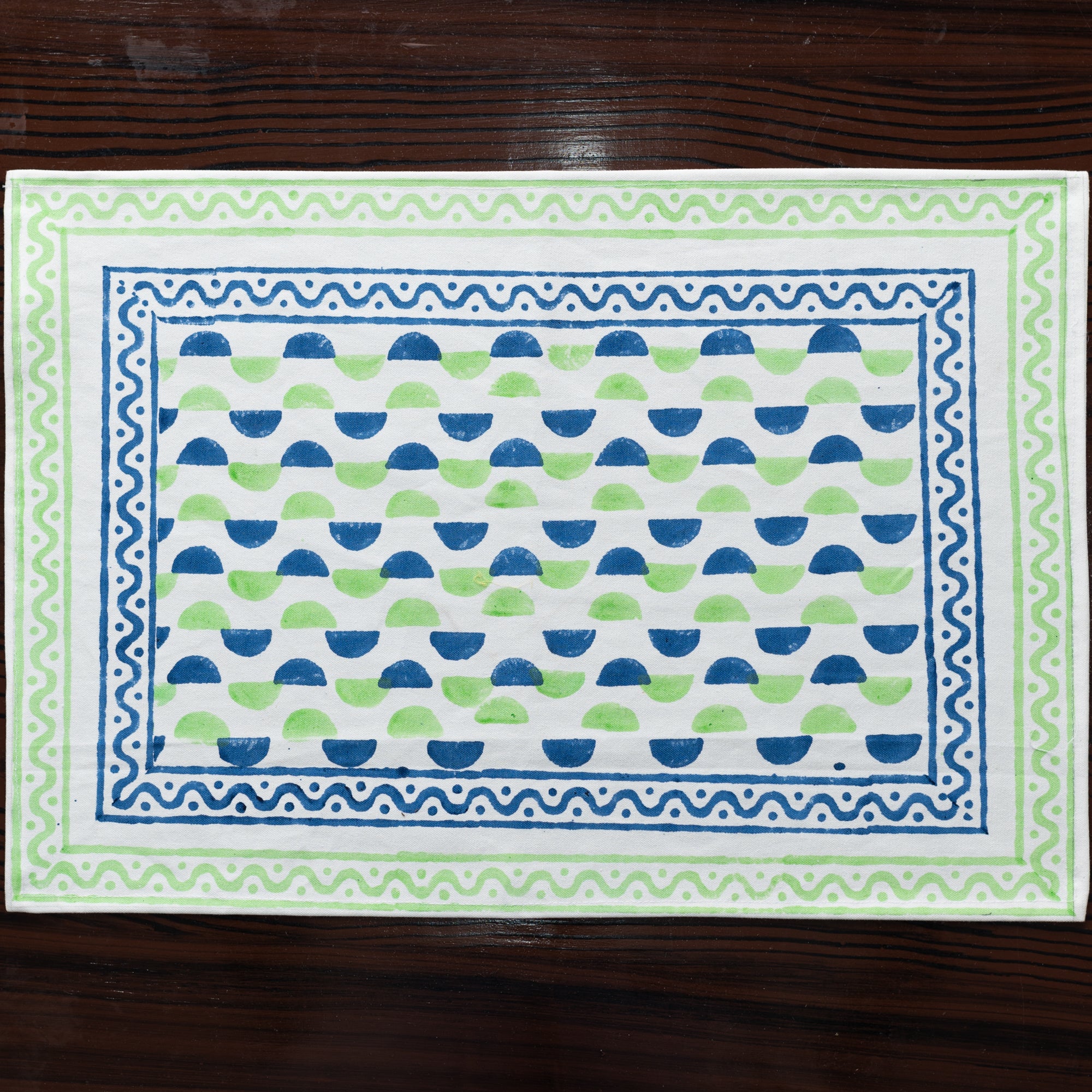 Canvas Table Mat and Napkin Set Blue Green Leher Block Print Set of 2