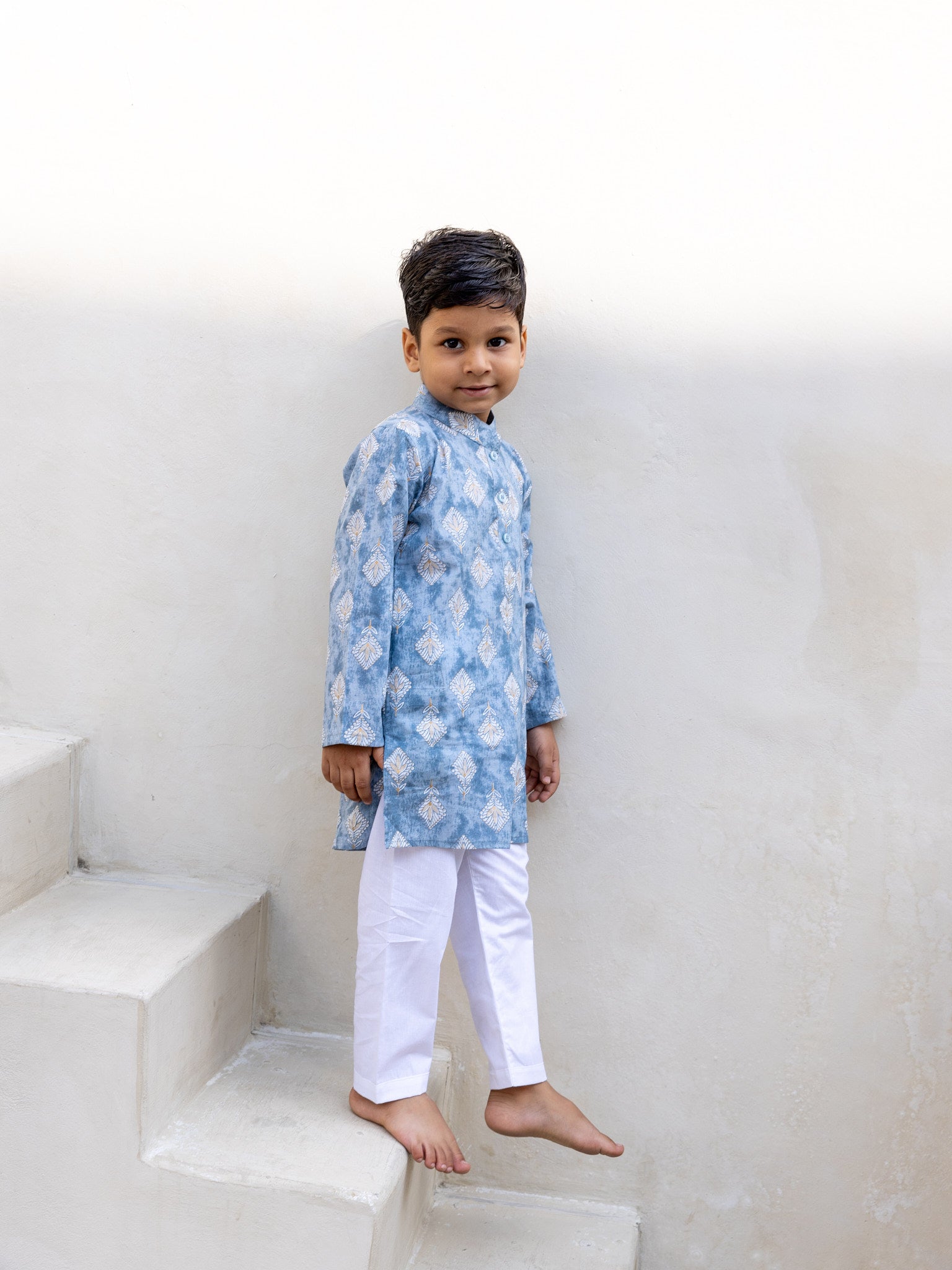 Cotton Grey-White Floral Boy's Kurta Pajama Set