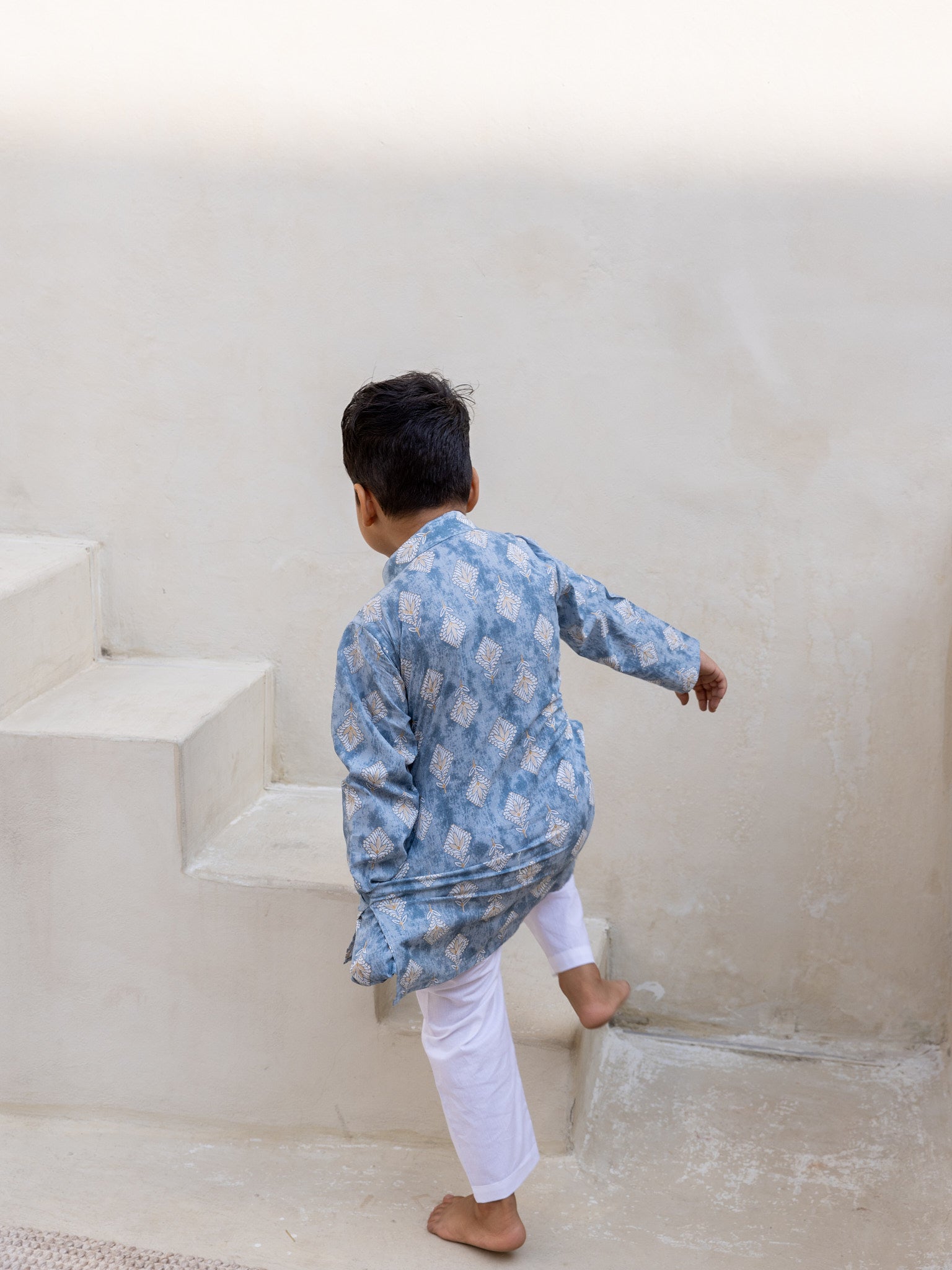 Cotton Grey-White Floral Boy's Kurta Pajama Set