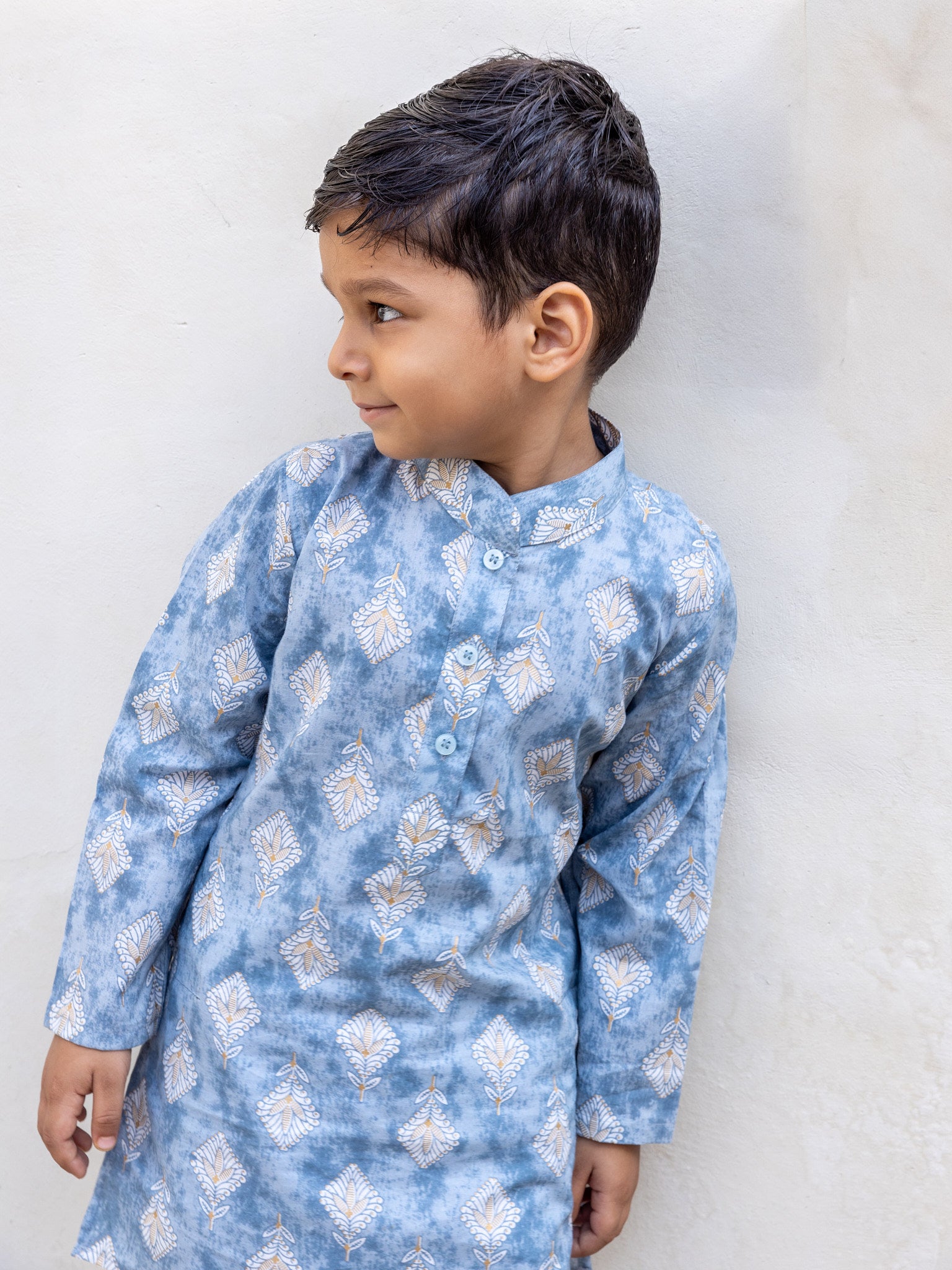 Cotton Grey-White Floral Boy's Kurta Pajama Set
