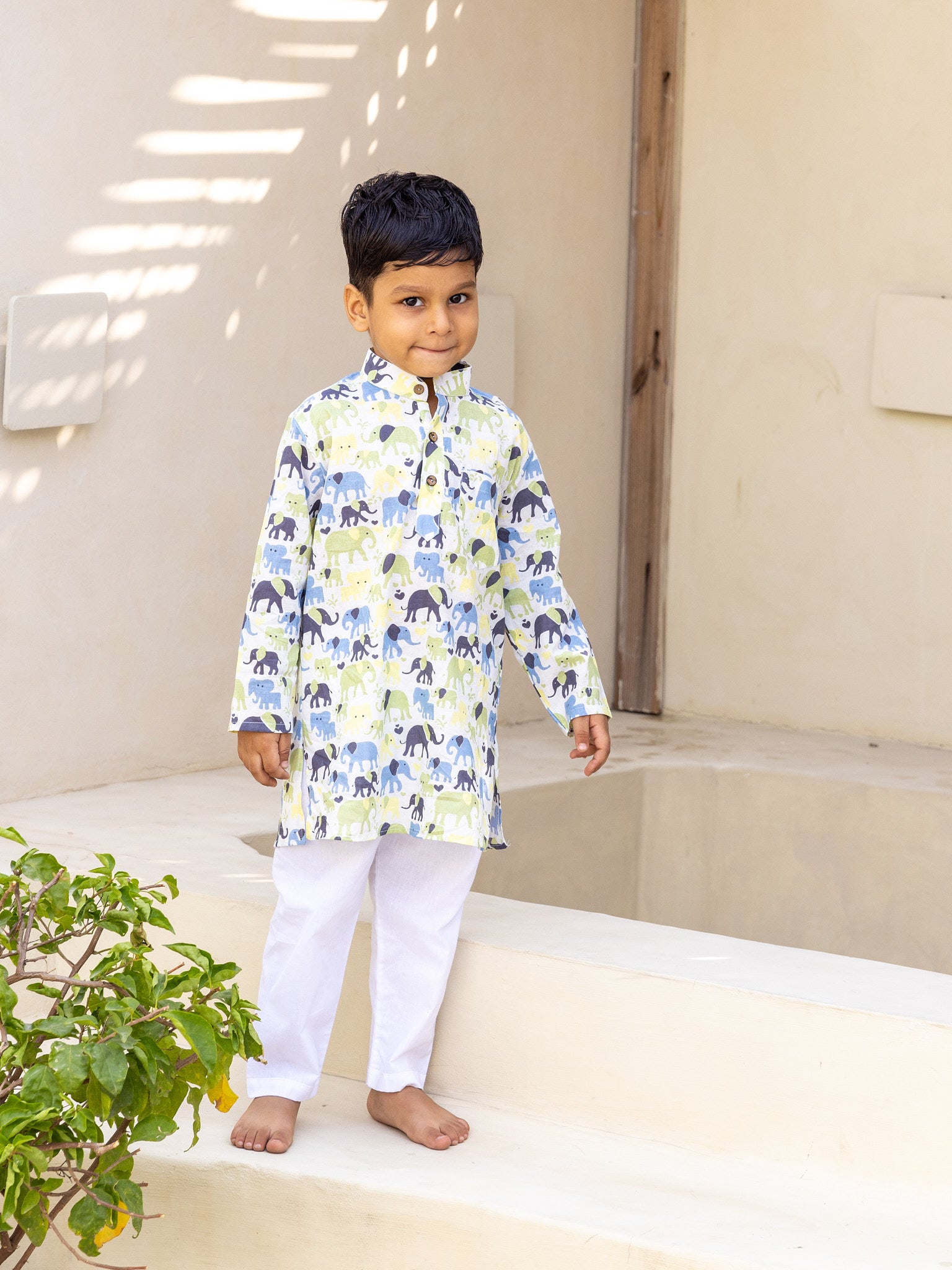 Cotton Yellow-Blue Elephant Boy Ethnic Kurta Pent