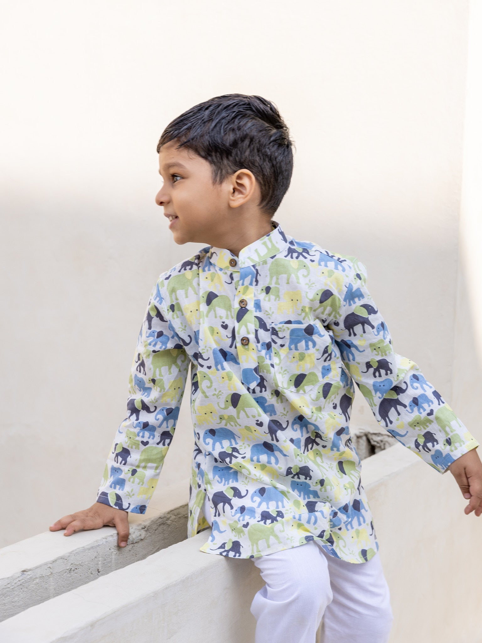 Cotton Yellow-Blue Elephant Boy Ethnic Kurta Pent