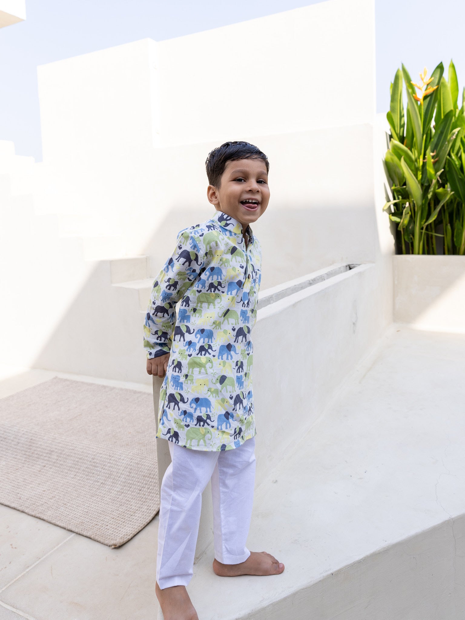 Cotton Yellow-Blue Elephant Boy Ethnic Kurta Pent