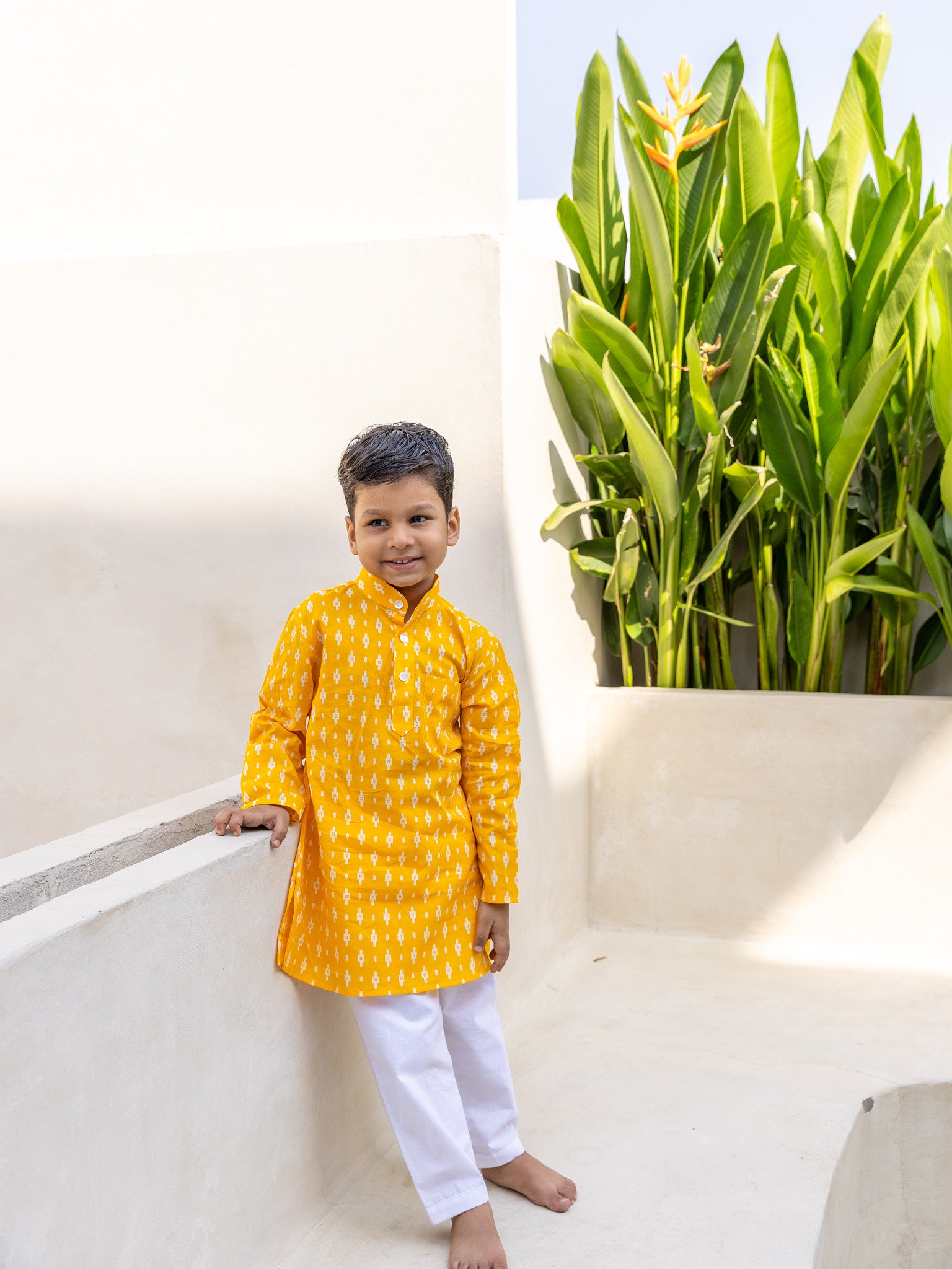 Cotton Yellow-White Geometric Boy Kurta Pent