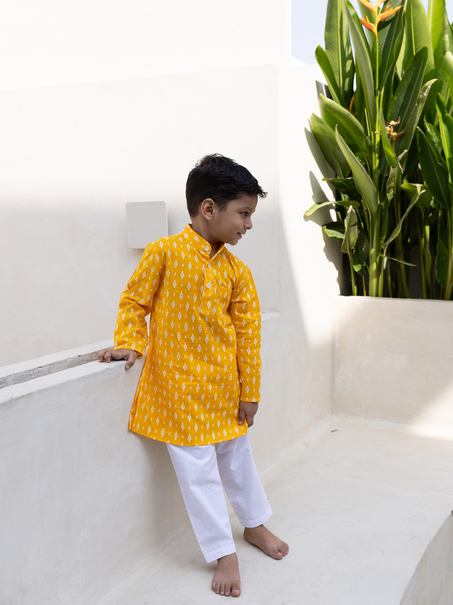 Cotton Yellow-White Geometric Boy Kurta Pent