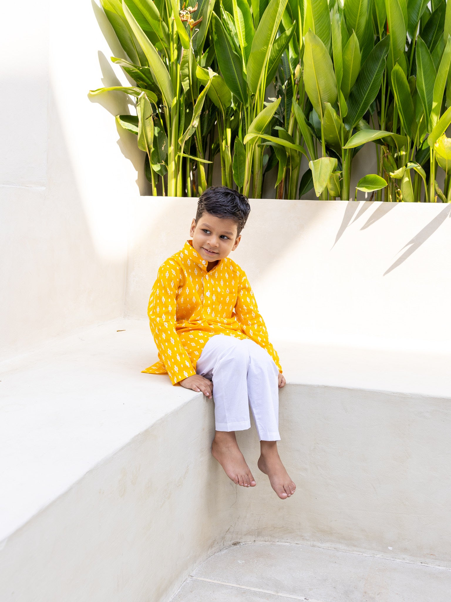 Cotton Yellow-White Geometric Boy Kurta Pent