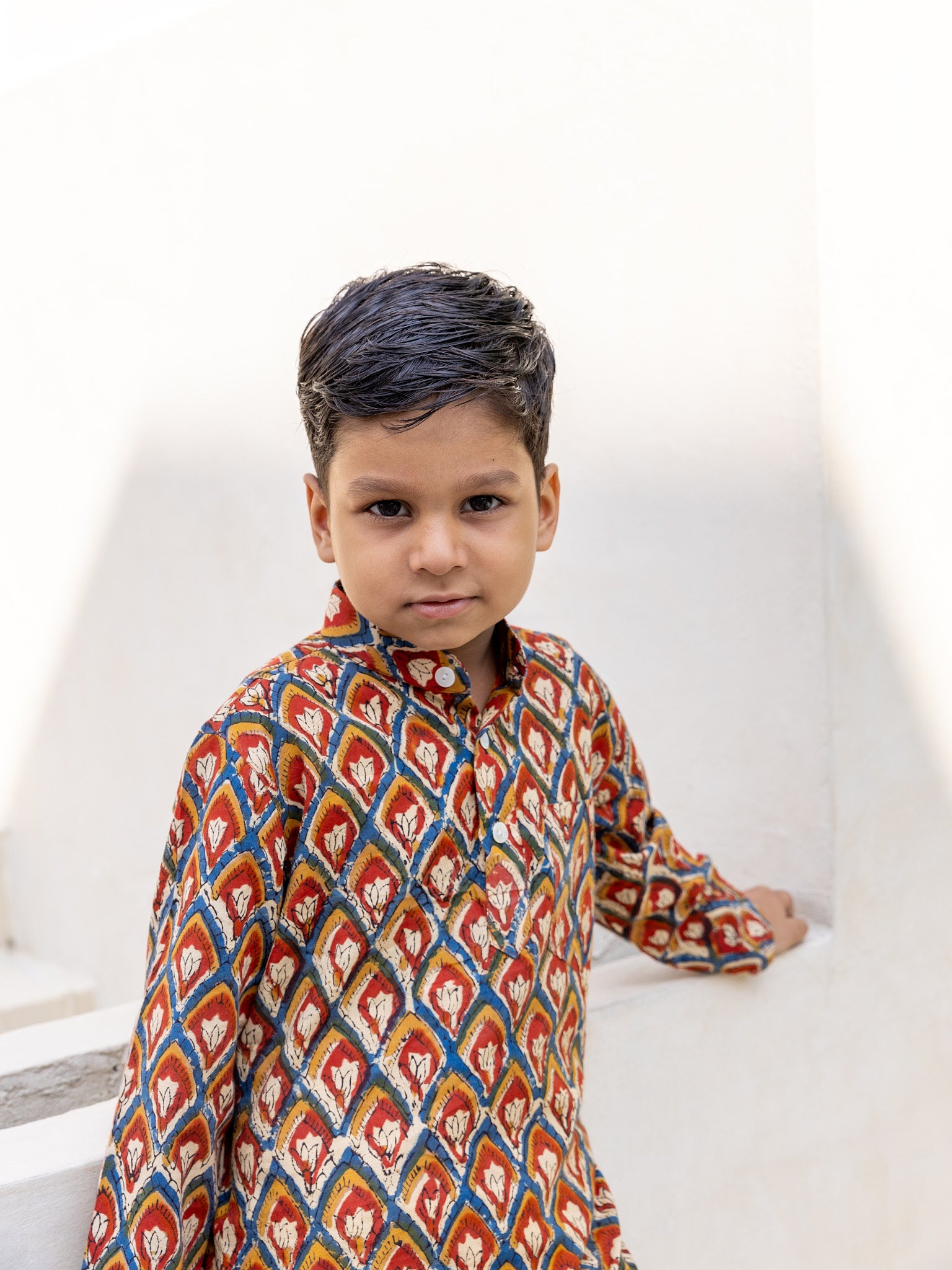 Cotton Red Brown Booti Block Print Boy Ethnic Kurta Pajama