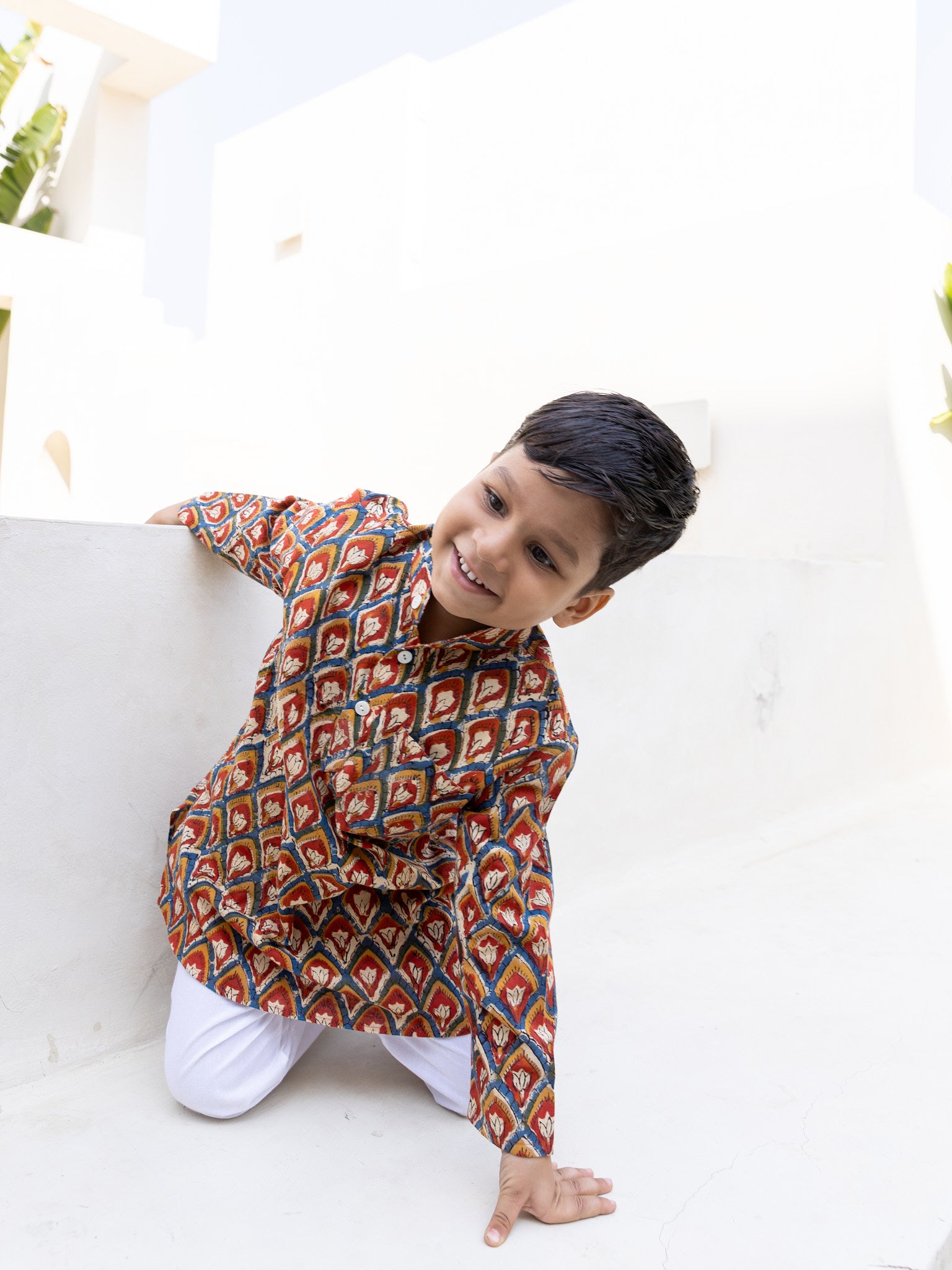 Cotton Red Brown Booti Block Print Boy Ethnic Kurta Pajama