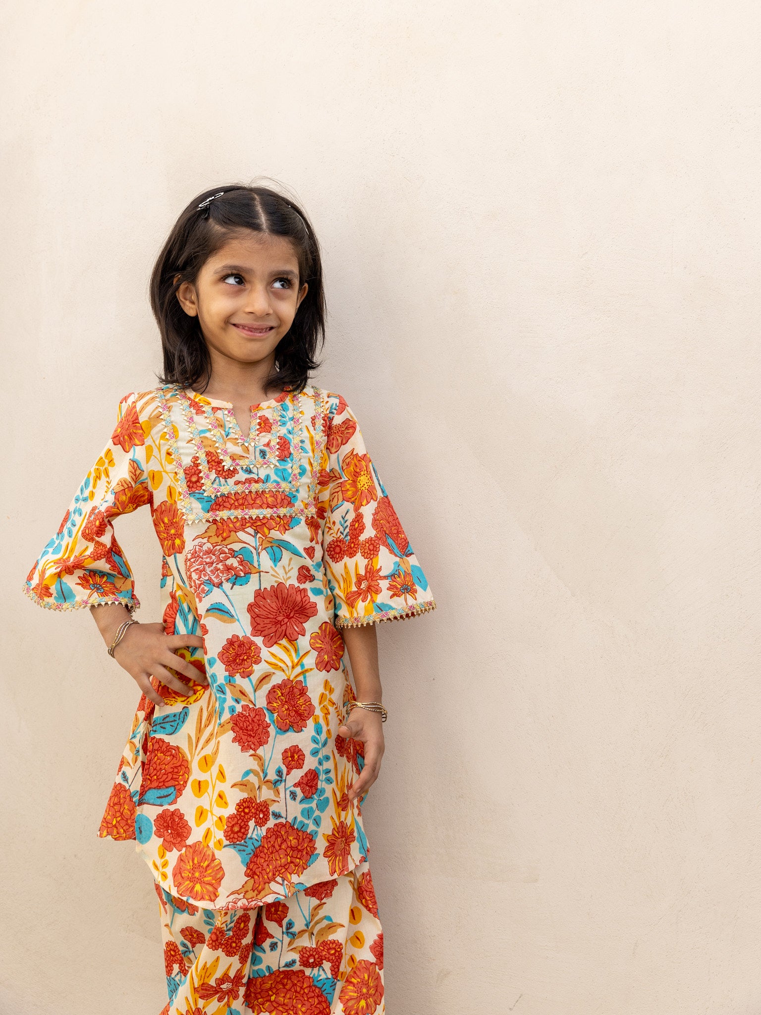 Cotton Red-Orange Floral Girl's Ethnic Dress