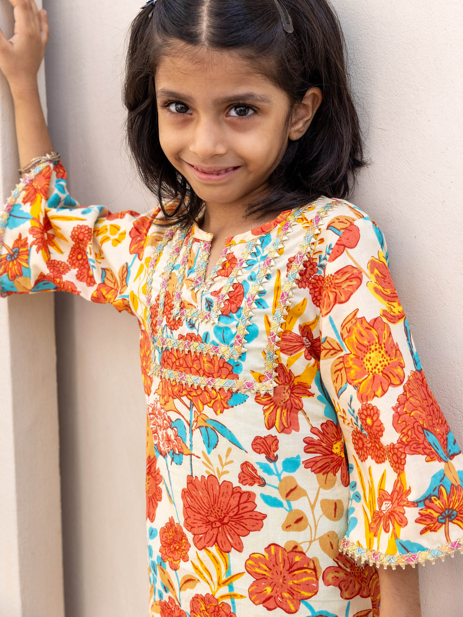 Cotton Red-Orange Floral Girl's Ethnic Dress