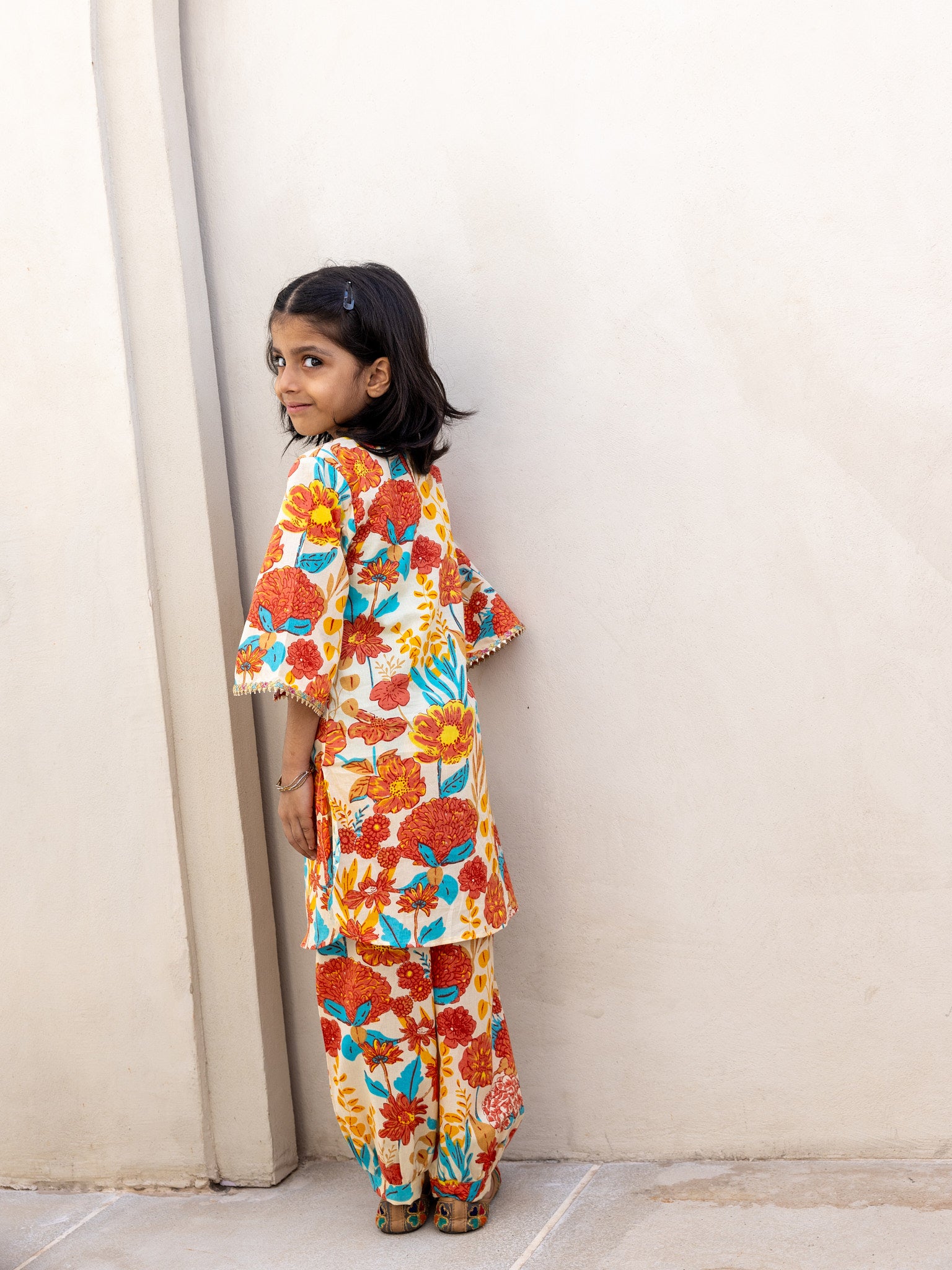 Cotton Red-Orange Floral Girl's Ethnic Dress