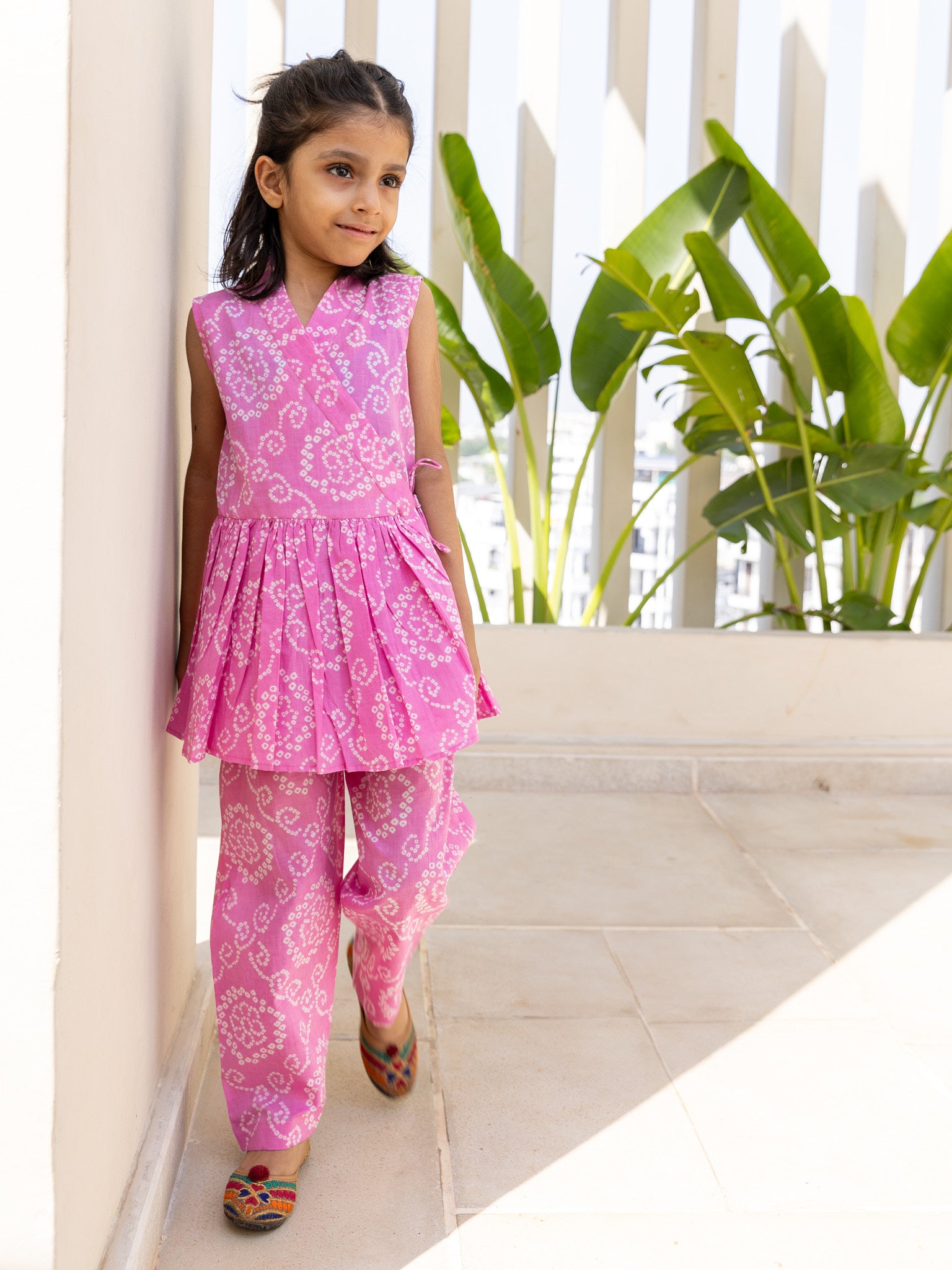 Cotton Pink-White Bandhani Girl's Co-ord Set
