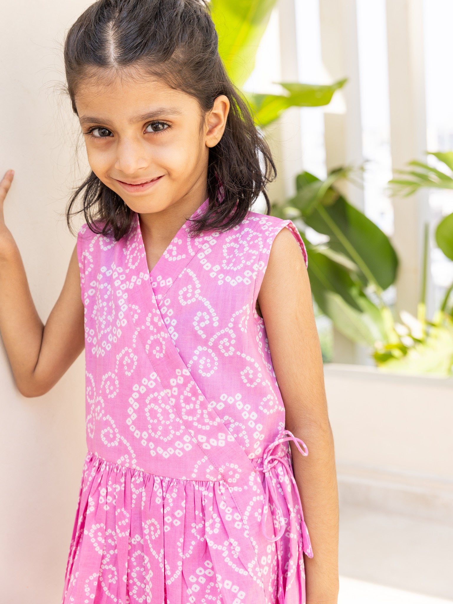 Cotton Pink-White Bandhani Girl's Co-ord Set