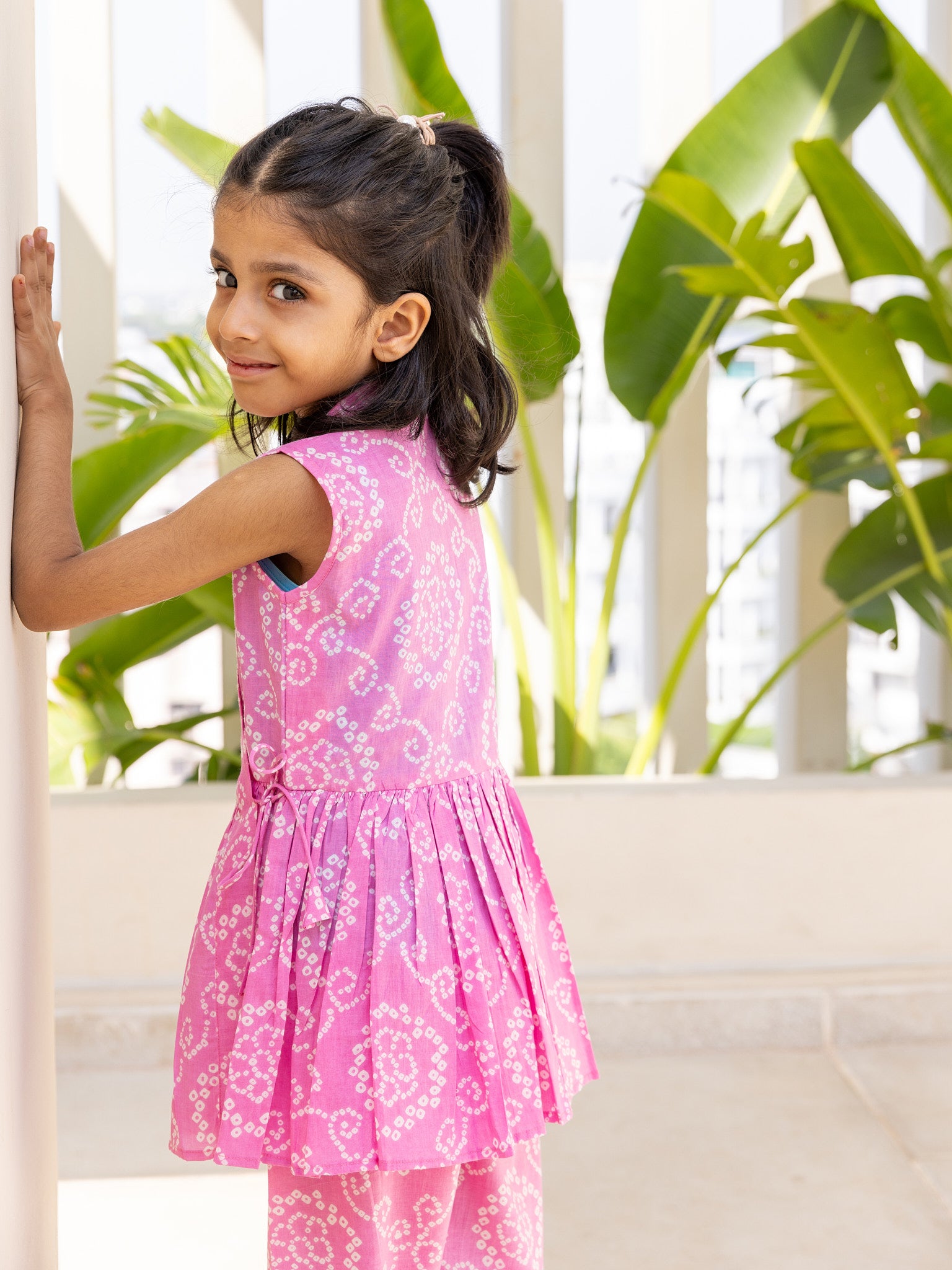 Cotton Pink-White Bandhani Girl's Co-ord Set