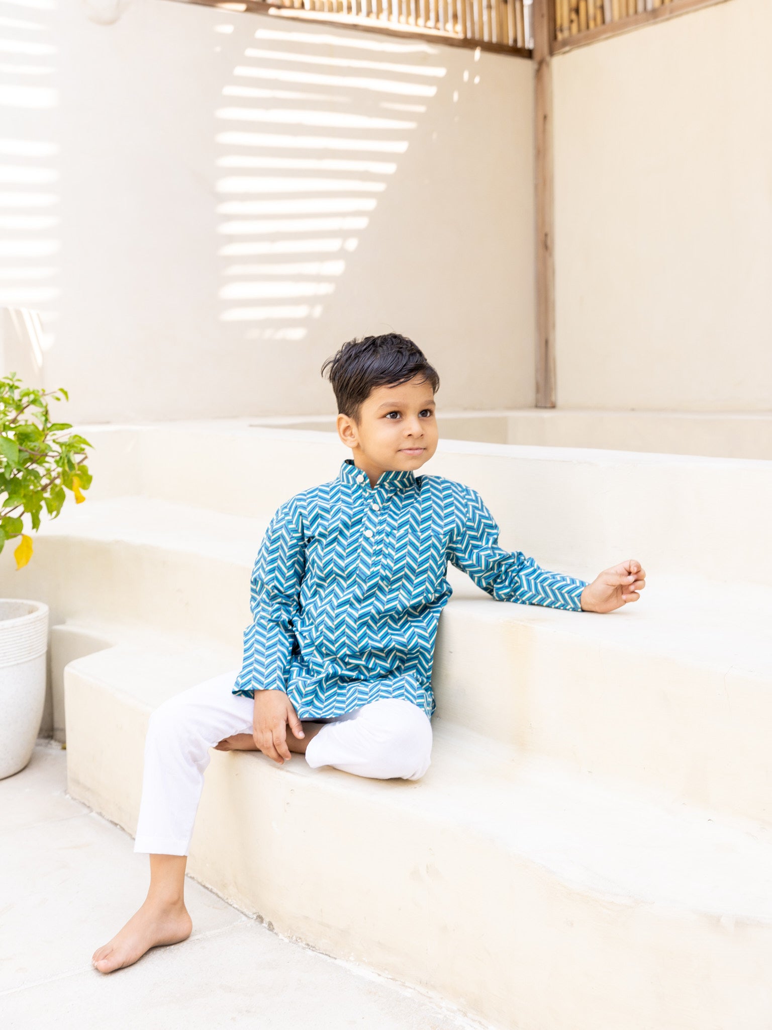Cotton Blue-White Waving Boy Ethnic Kurta Pent