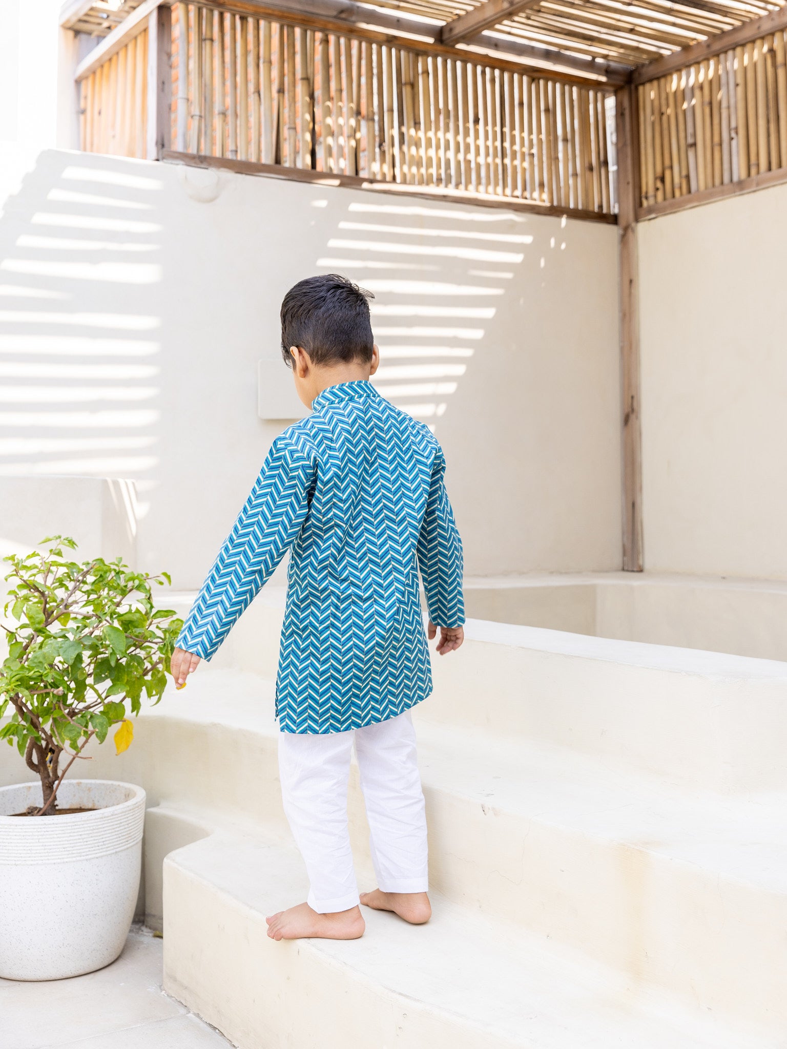 Cotton Blue-White Waving Boy Ethnic Kurta Pent