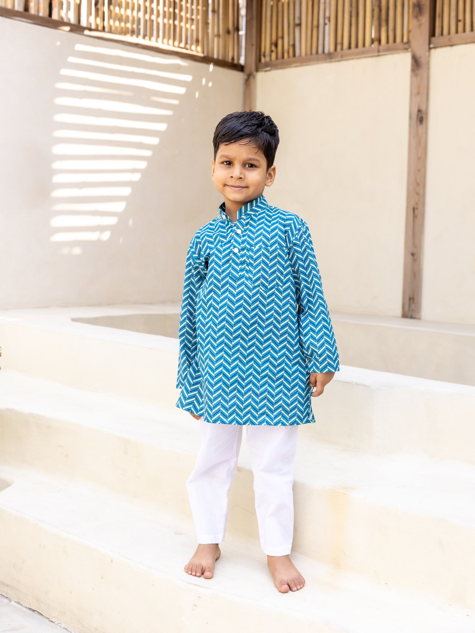 Cotton Blue-White Waving Boy Ethnic Kurta Pent