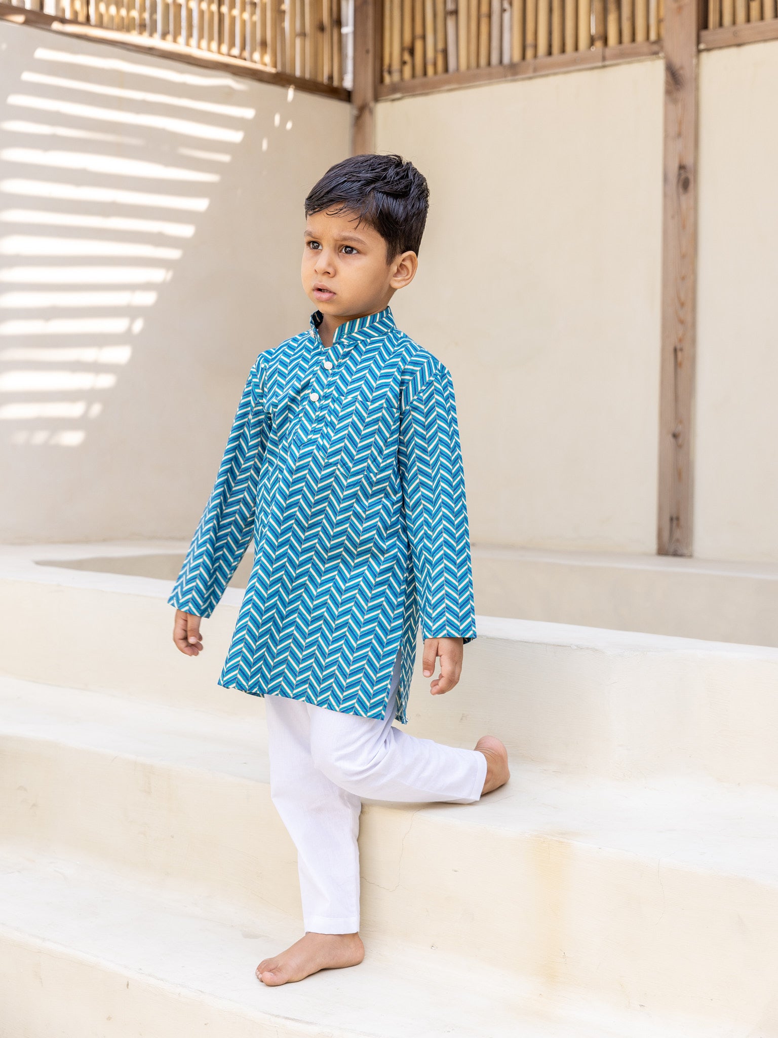 Cotton Blue-White Waving Boy Ethnic Kurta Pent