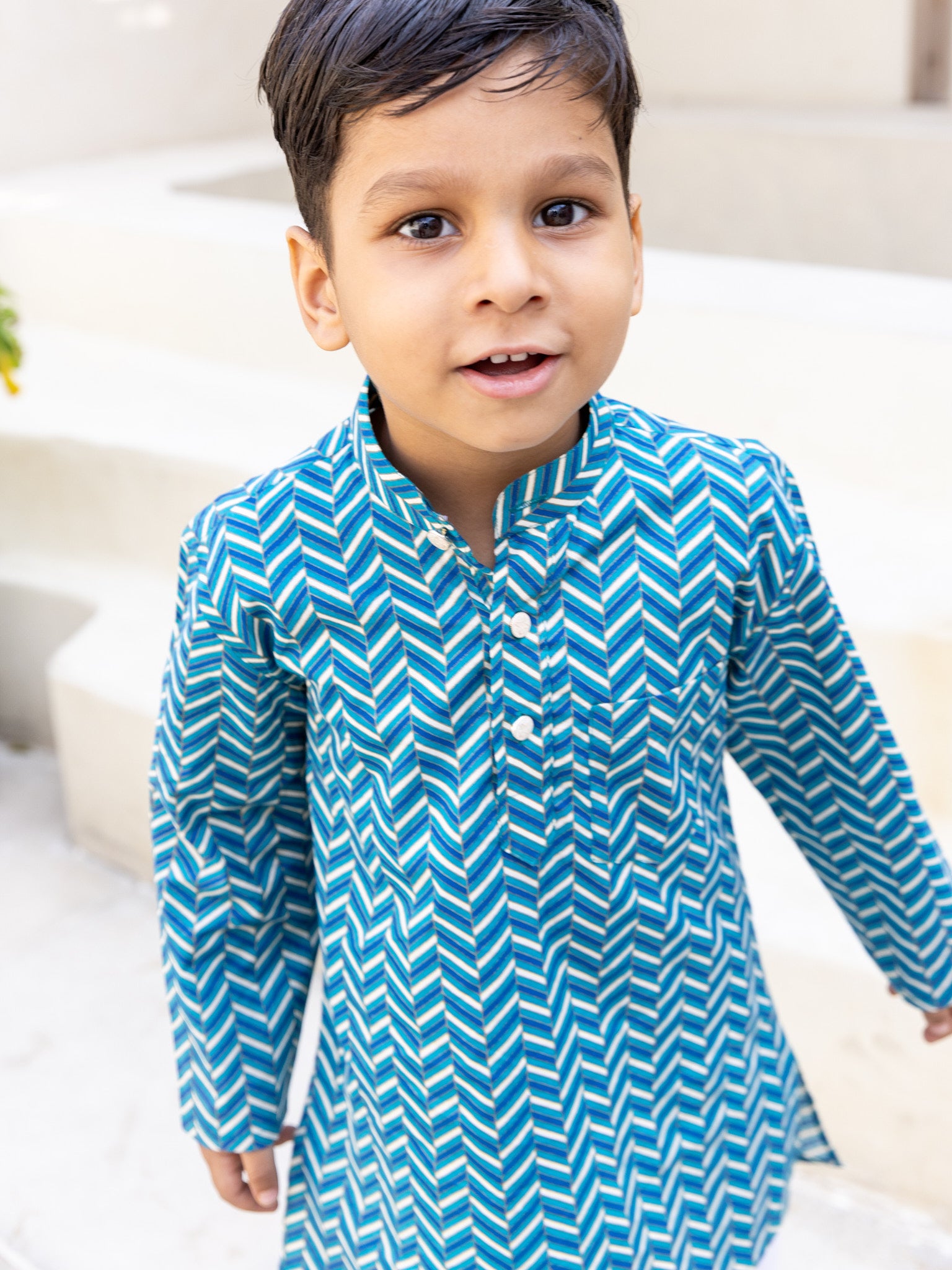 Cotton Blue-White Waving Boy Ethnic Kurta Pent