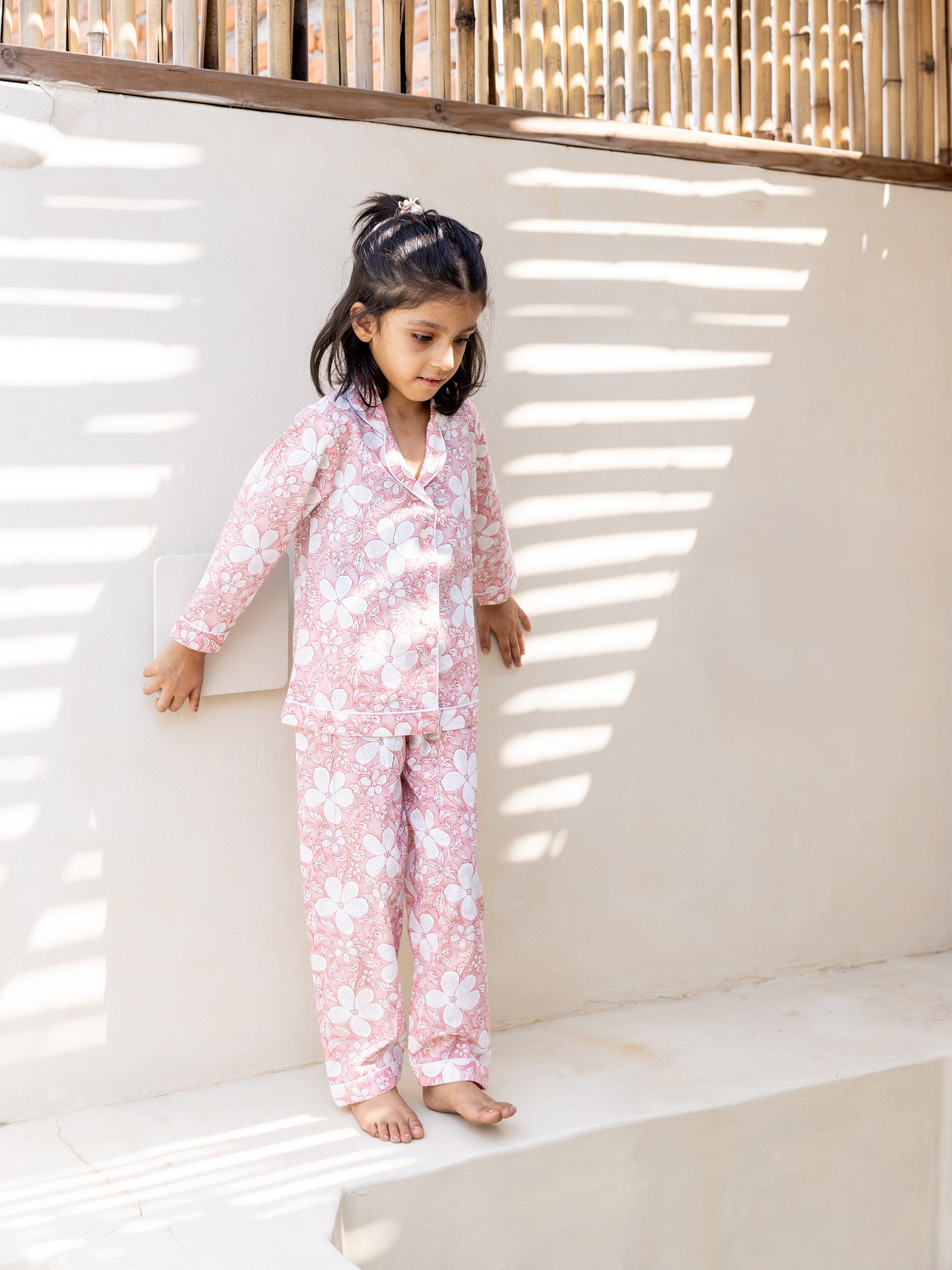 Cotton Pink-White Floral Girl's Co-ord Set