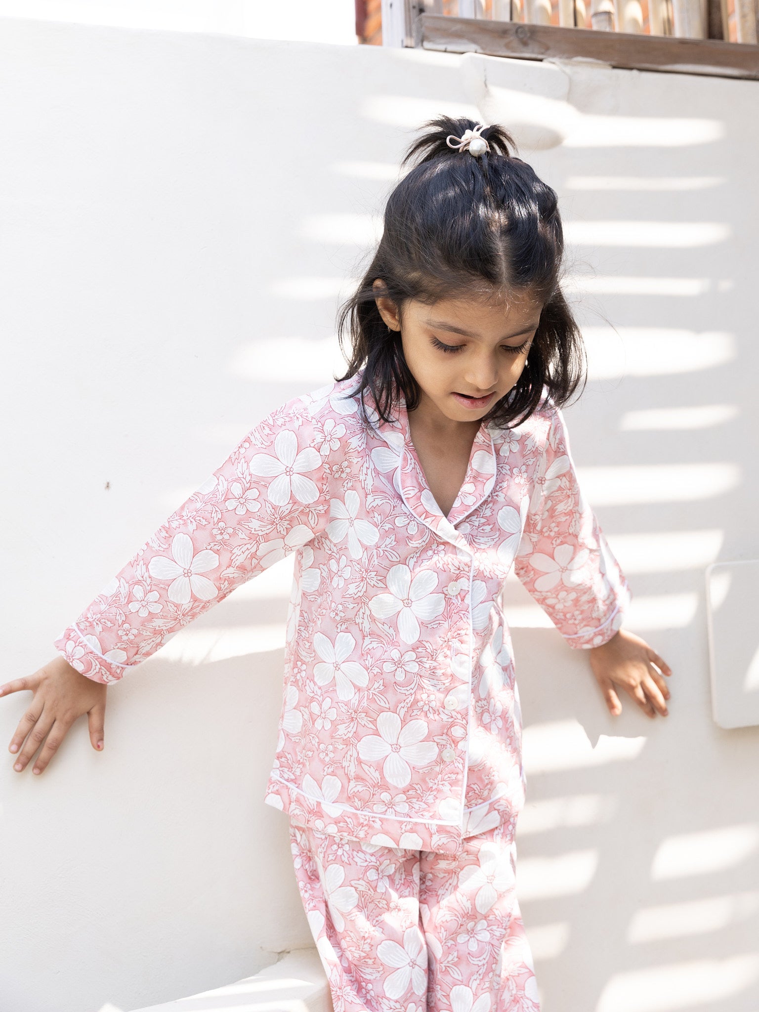 Cotton Pink-White Floral Girl's Co-ord Set